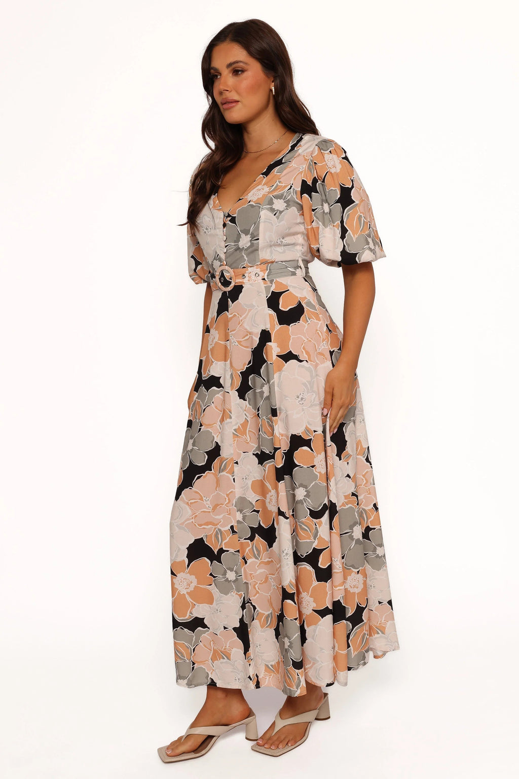 Detachable-Belt Floral A-Line Maxi Dress
