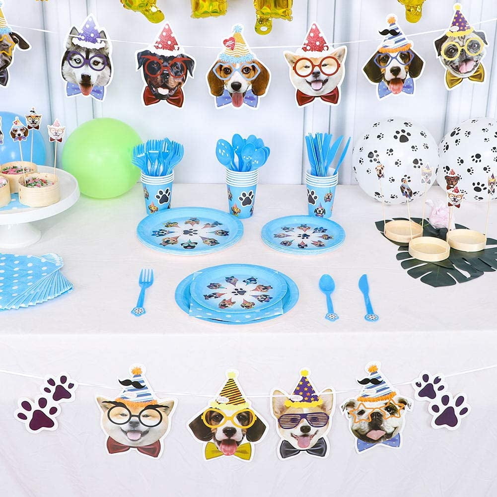 168 Pcs Dog Party Supplies Set Tableware Kit, Dog Birthday Banner Cupcake Toppers, Disposable Plates Cups Cutlery Napkins Balloons for Paw Puppy Kids Birthday