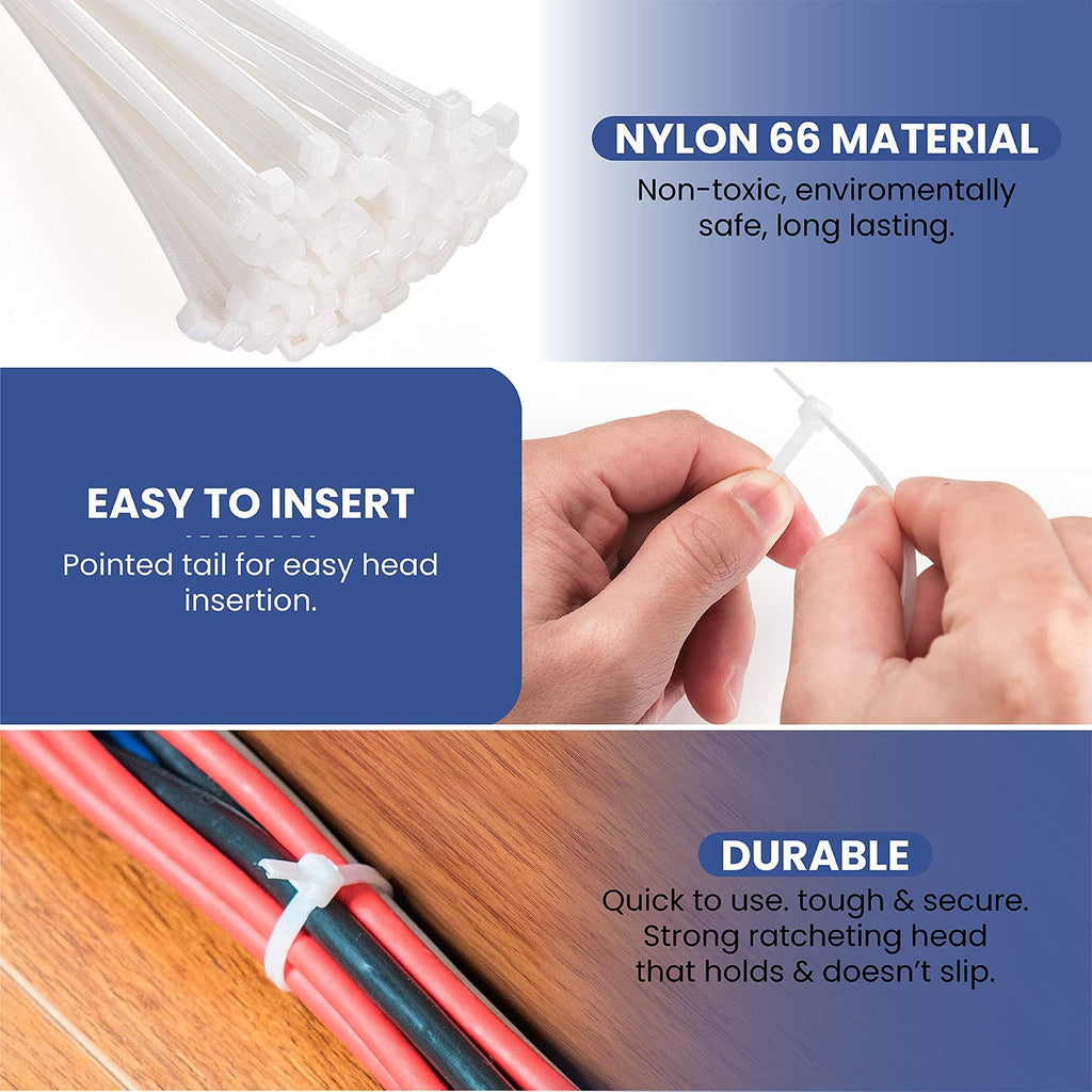 12 Inch Zip Cable Ties (250 Pack), 50lbs Tensile Strength – Heavy Duty White, Self-Locking Premium Nylon Cable Wire Ties for Indoor and Outdoor By Bolt Dropper