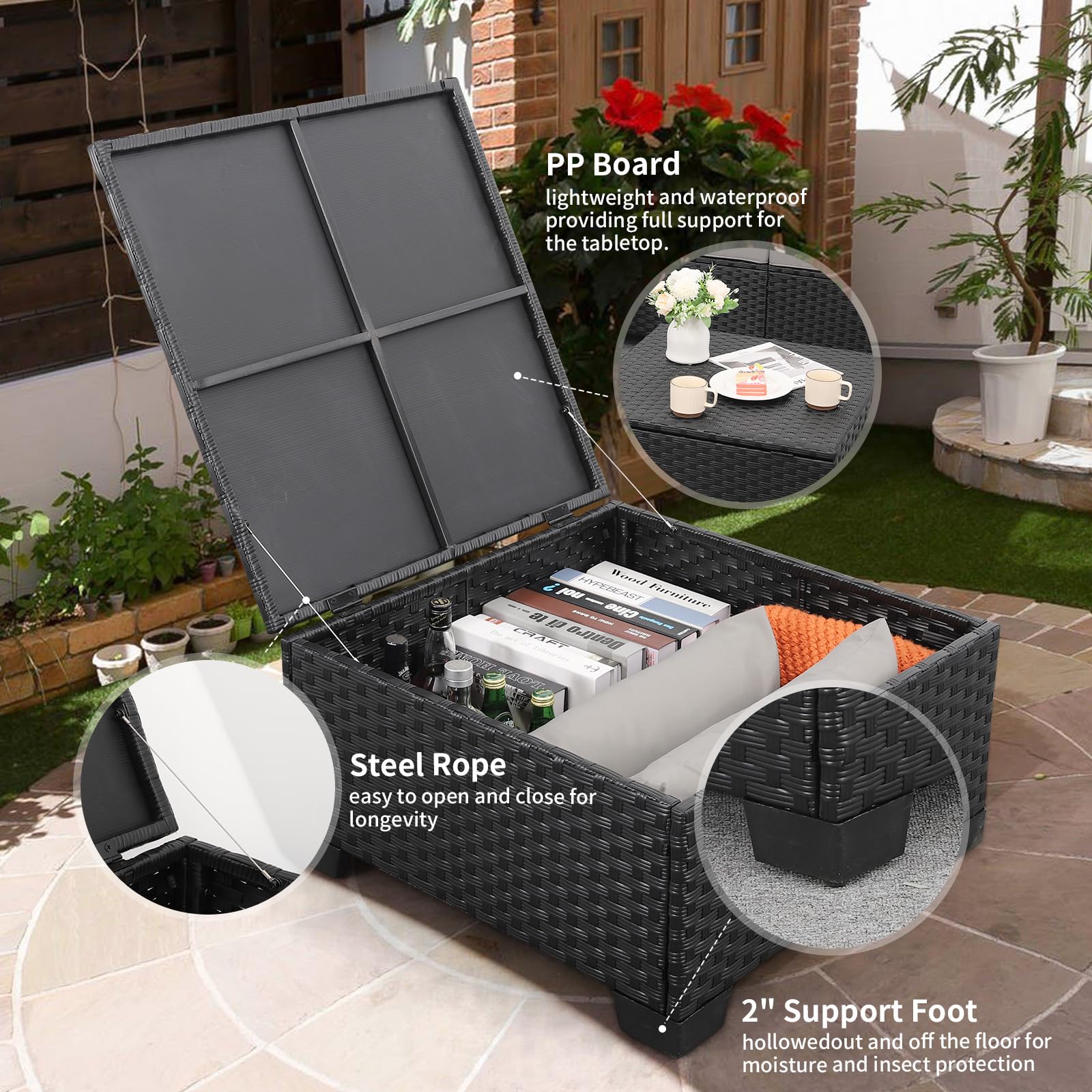 3 Pieces Patio Furniture Set with Ottoman and Outdoor Storage Table