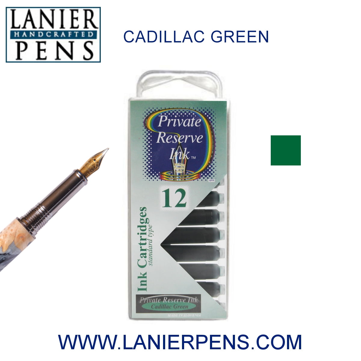 12 Pack – Private Reserve Ink, Universal Fountain Pen Ink Cartridges Clear Case, Cadillac Green