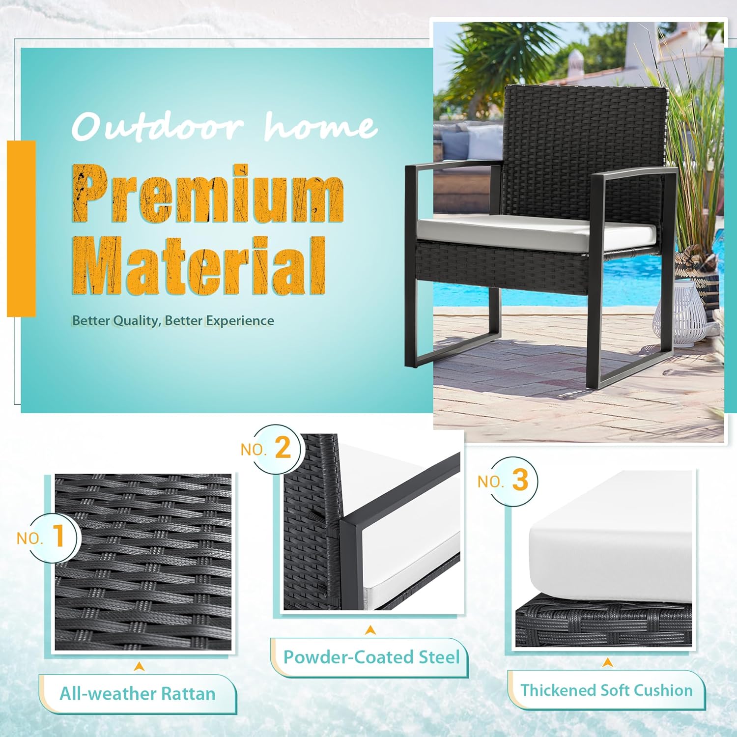 3 Pieces Patio Set Outdoor Wicker Furniture Sets Modern Rattan Chair Conversation Sets with Coffee Table for Yard and Bistro (Black)