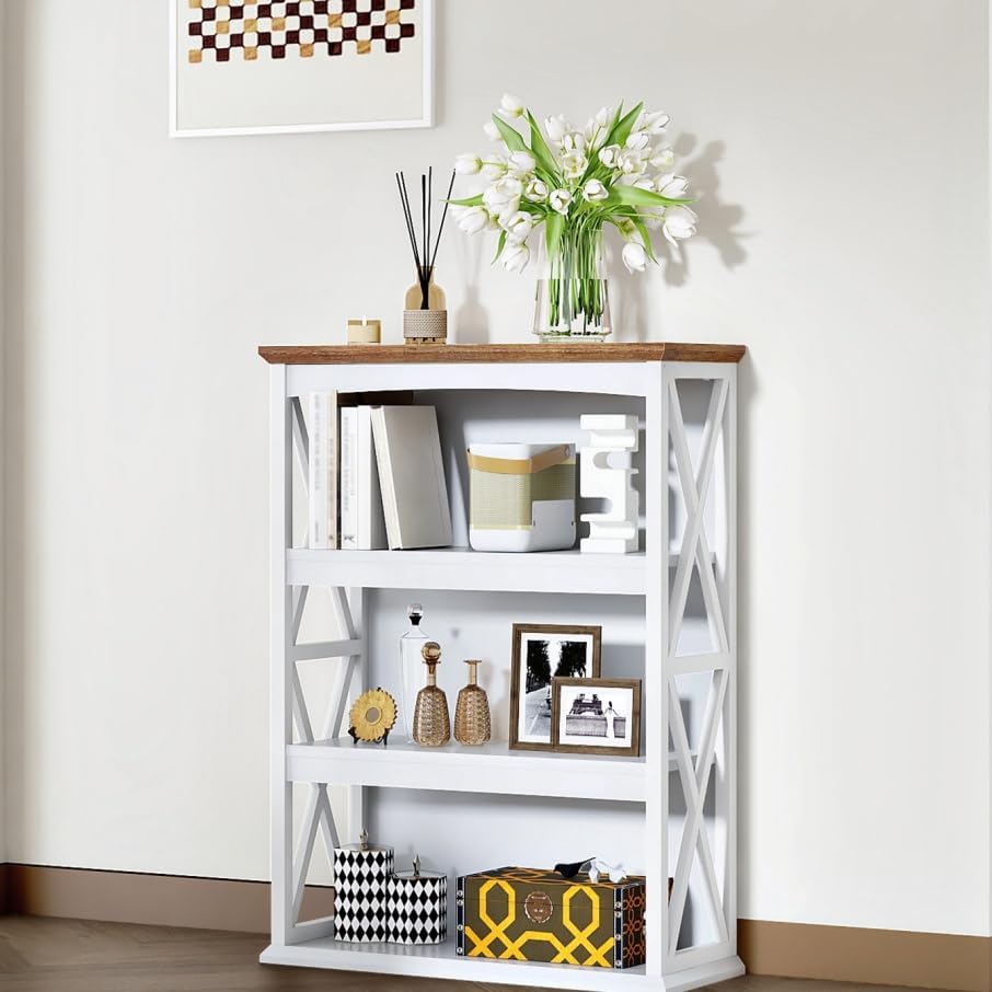 Farmhouse Sofa Table with Power Outlet-4-Tier Bookcase, 42.9" Floor Standing Organizer Shelf