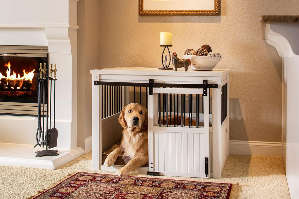 Farm sliding cowshed door furniture-style dog cage - antique white, large size. Unique style, durable and sturdy. Removable seat cushion. Easy to assemble.