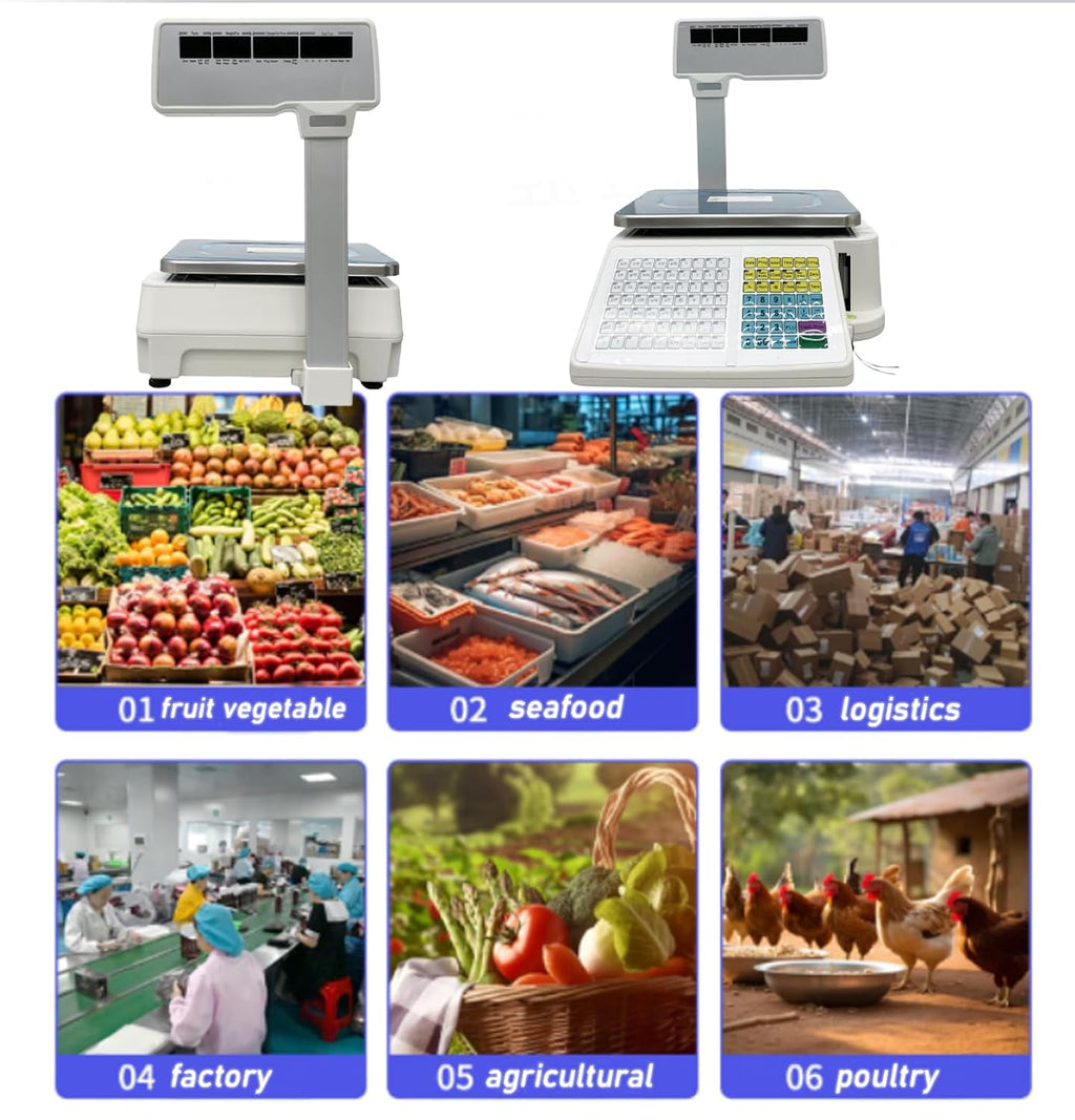Commercial digital scale, equipped with thermal printer, 4 window vertical double-sided LCD display, capable of printing labels, maximum load capacity of 66 pounds, 110 volts, portable, suitable for warehouses, restaurants, bakeries