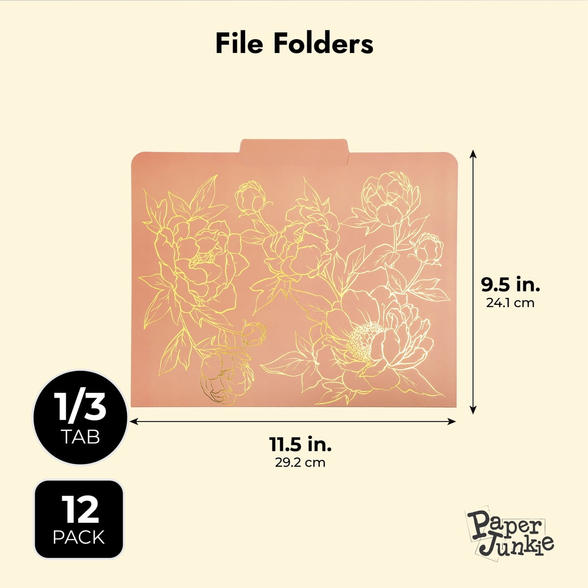 12 Pack Decorative File Folders, Assorted Gold Foil Floral Design 1/3 Cut Letter Size for Office Supplies, 11.5 x 9.5 in
