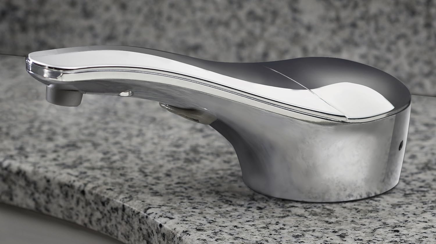 Automatic liquid soap dispenser, with a top-mounted contactless soap nozzle, capacity 34 ounces (1.0 liters), can be placed on the countertop of a public restroom, installation diameter 1-3/8 inches, chrome surface treatment.