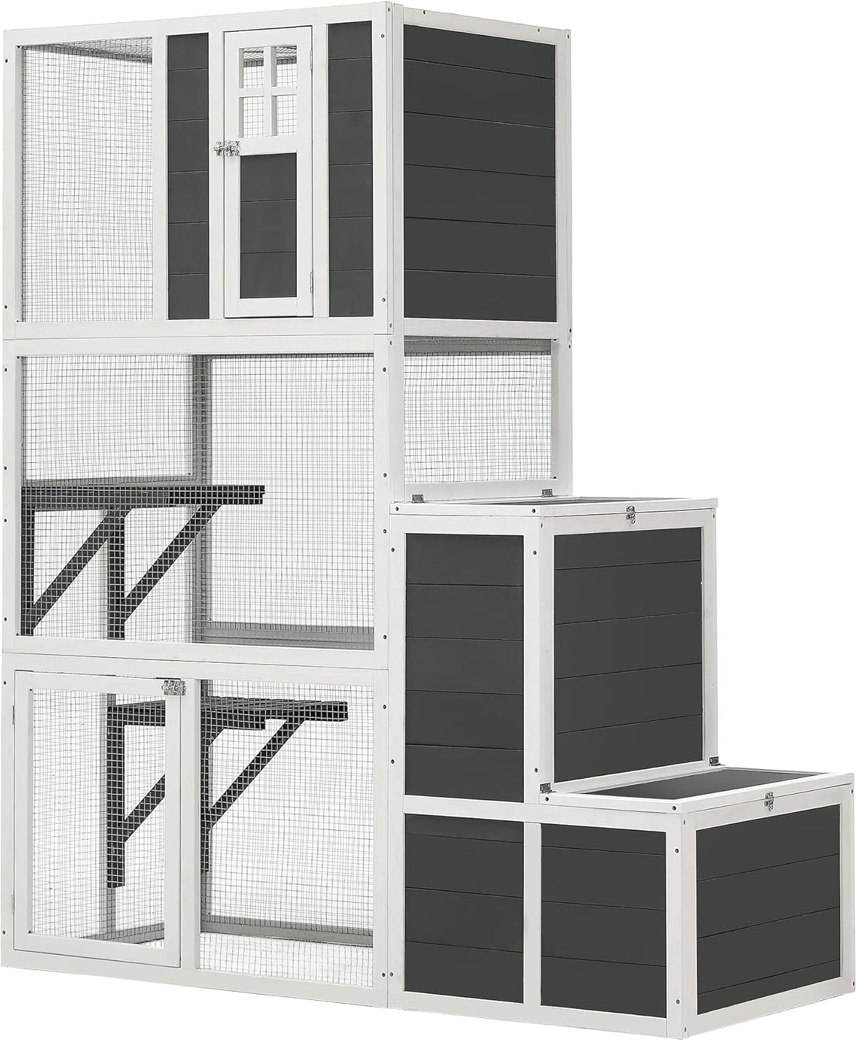 62.6-inch wooden outdoor cat house, large cat cage room, equipped with 7 platforms, 2 rest boxes and a rainproof roof, suitable for multiple pets to use. Step-in cat apartment shelter, white model