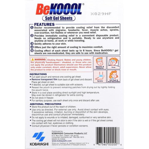 2 Pack – Be Koool Cooling Relief For Migraine Soft Gel Sheets 4 Each