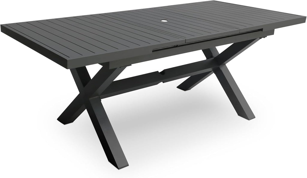 Extendable Patio Dining Table for 6-8, 63''-83'' Outdoor Aluminum Table w/Umbrella Hole, Rectangle Slatted Tabletop, Metal X-Trestle for Meals Garden Deck Backyard Gathering Party - Light Brown