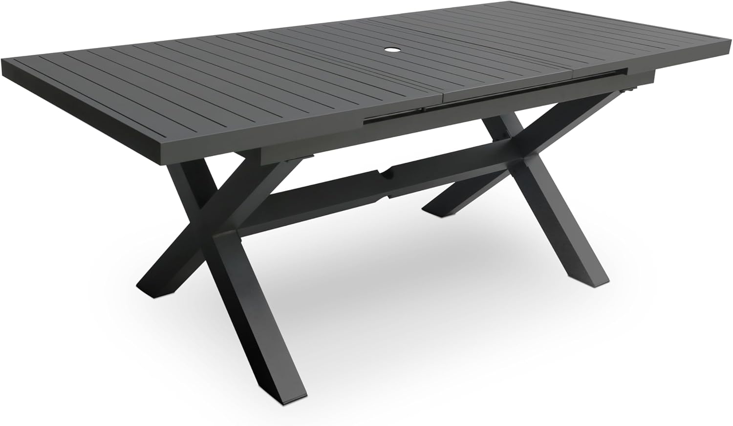 Extendable Patio Dining Table for 6-8, 63''-83'' Outdoor Aluminum Table w/Umbrella Hole, Rectangle Slatted Tabletop, Metal X-Trestle for Meals Garden Deck Backyard Gathering Party - Light Brown