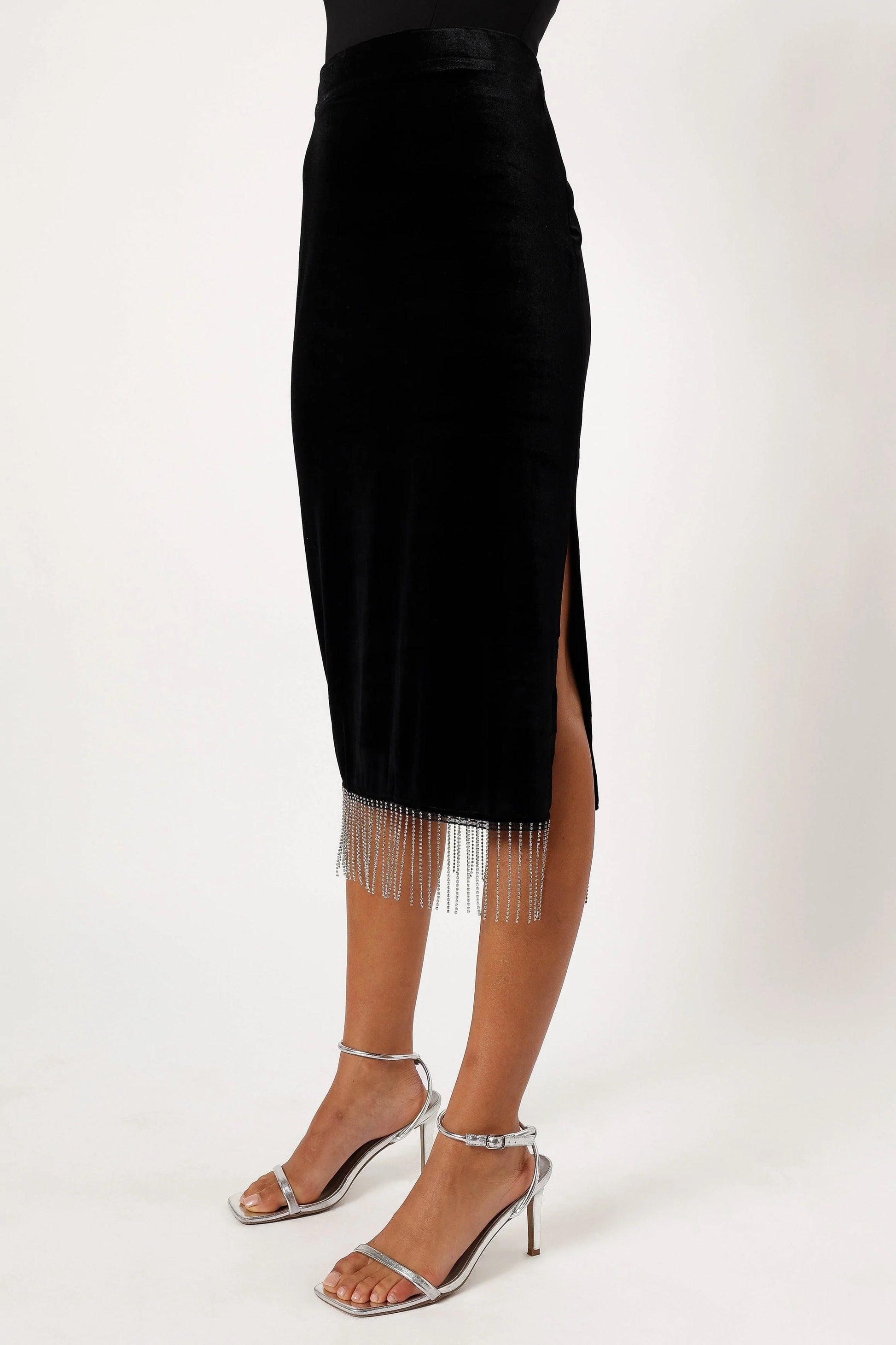 Embellished Fringe Velvet Midi Skirt