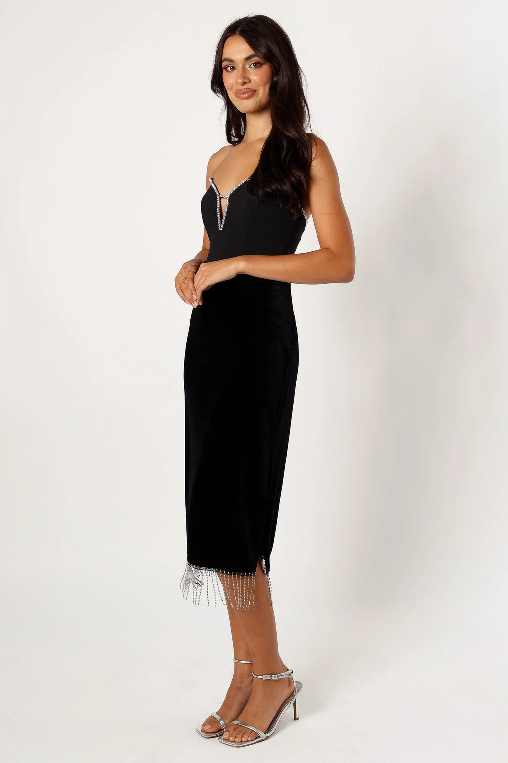 Embellished Fringe Velvet Midi Skirt