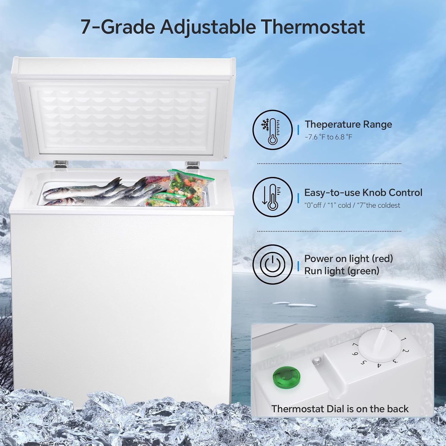 3.5 Cubic Feet Chest Freezer with 2 Removable Baskets Free Standing Top Open Door Compact Freezer with Adjustable Temperature for Home/Kitchen/Office/Bar (3.5 Cubic Feet, White)