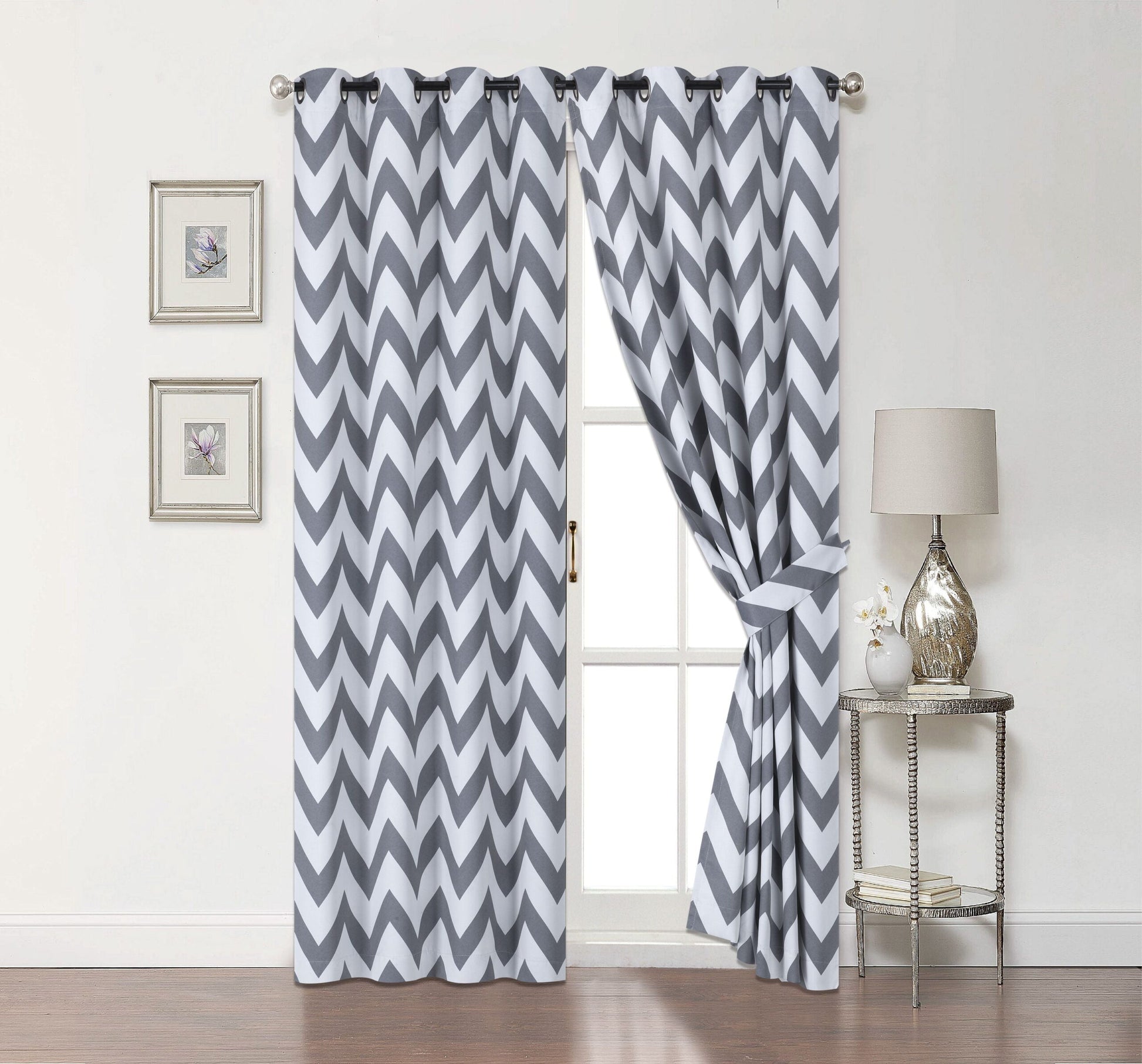 2 Pack: Chevron 100% Blackout Curtains W/ Tiebacks – Gray, 84 in. Long