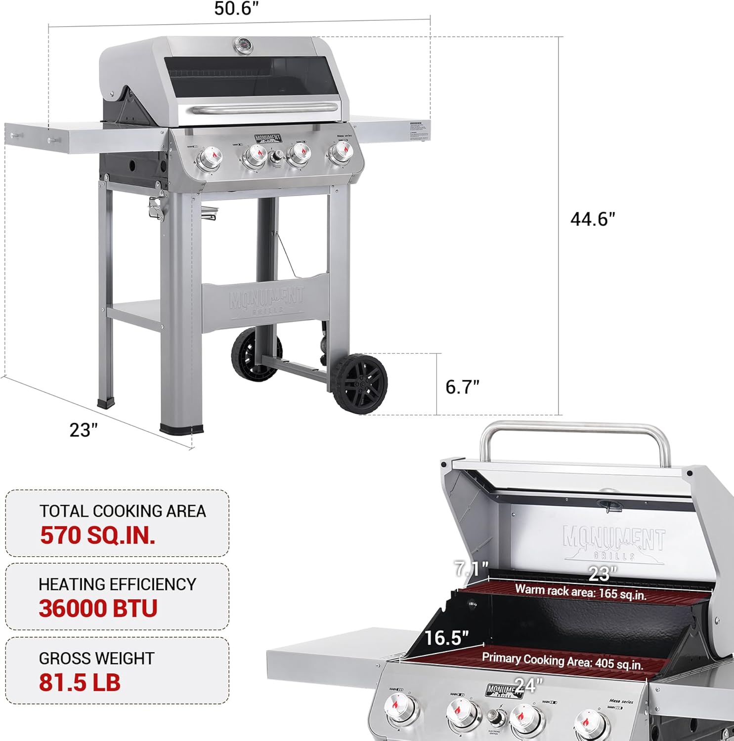 Grills 4-Burner Liquid Propane Gas Grill, Silver Stainless Steel Grill Outdoor Patio Garden Barbecue Grill with Clearview® Lid and One Foldable Shelf, Mesa400MF