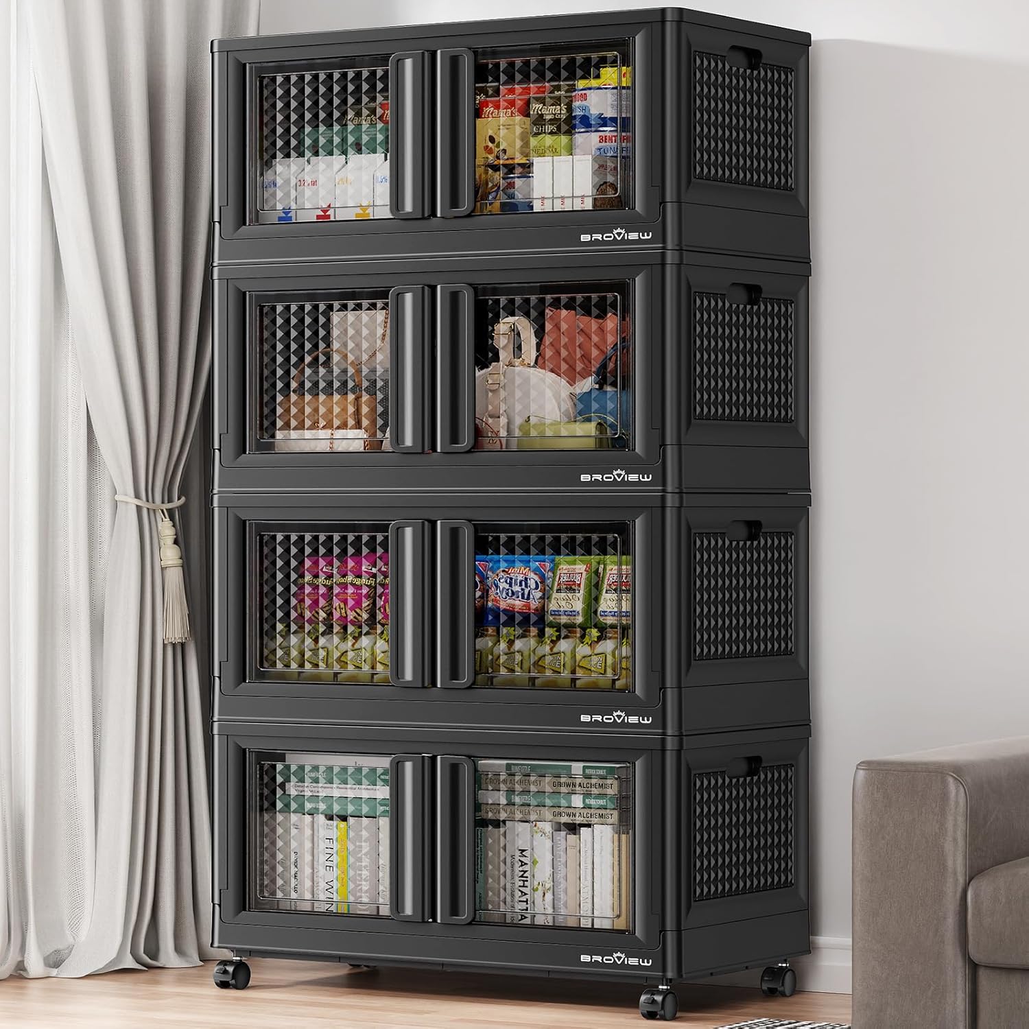 600 sets of stackable storage boxes with lids and doors, 6 sets of plastic coat closets and storage drawers with wheels, large foldable storage boxes, household and office cabinets