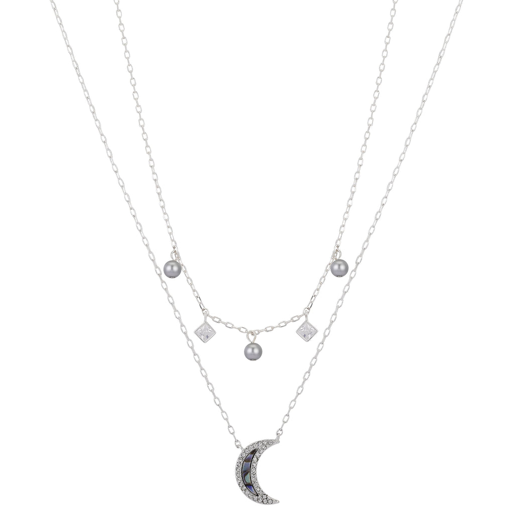 14Kt Gold Flash Plated Cubic Zirconia Abalone Crescent Moon Layered Pendant Set, 16+2′ & 18+2′