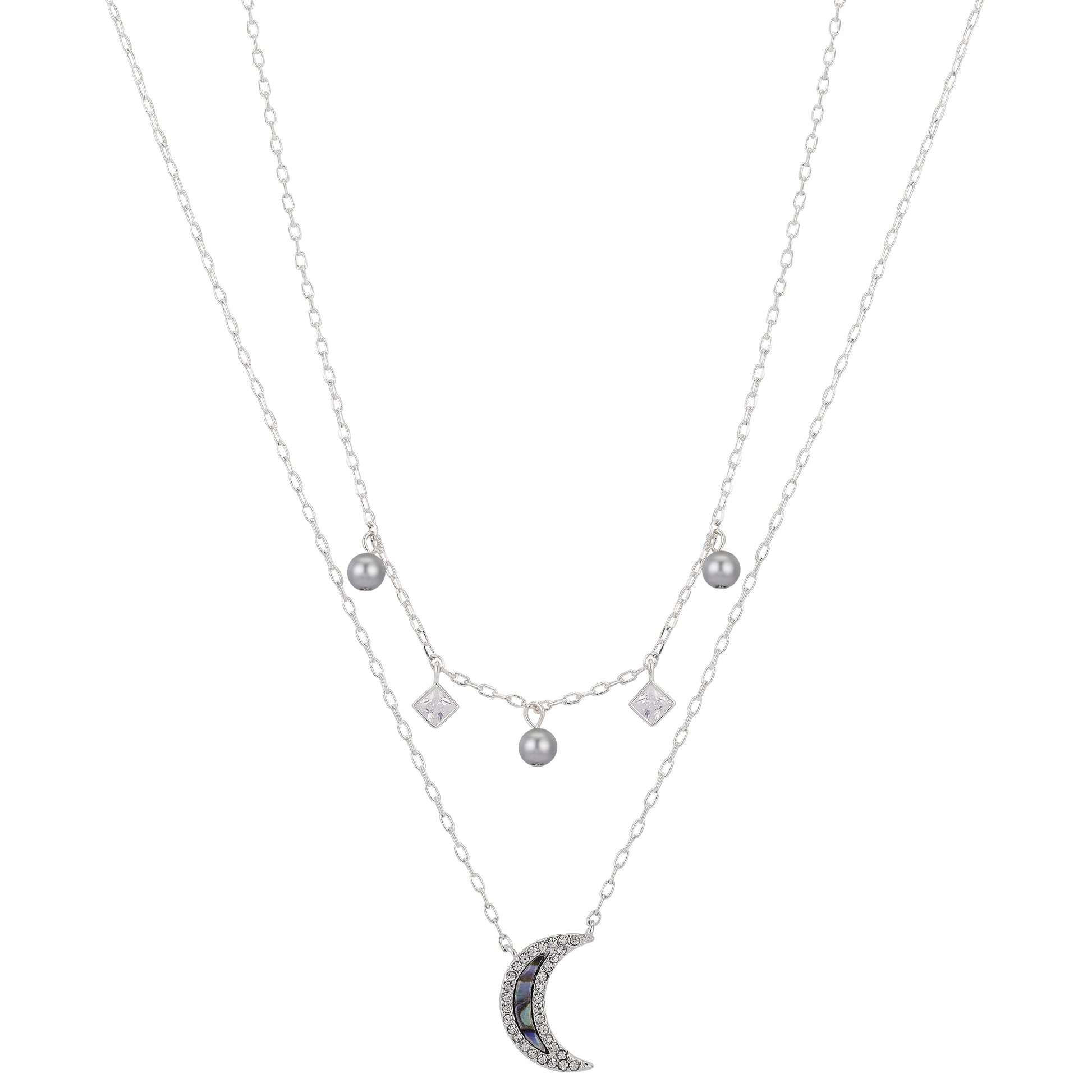 14Kt Gold Flash Plated Cubic Zirconia Abalone Crescent Moon Layered Pendant Set, 16+2′ & 18+2′