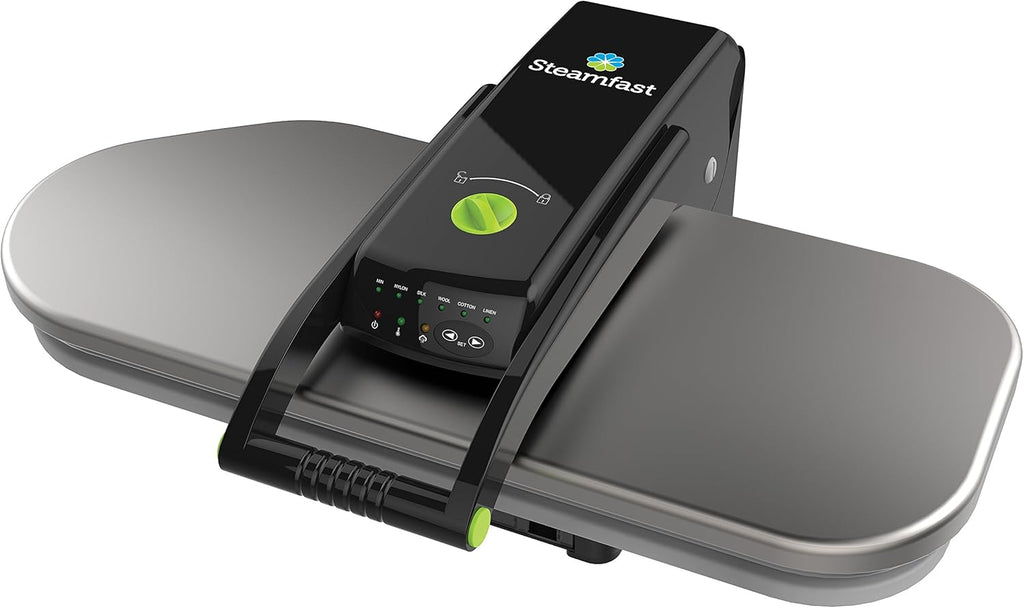 Digital steam press, featuring multiple fabric setting functions and steam impact function, made of stainless steel / black.