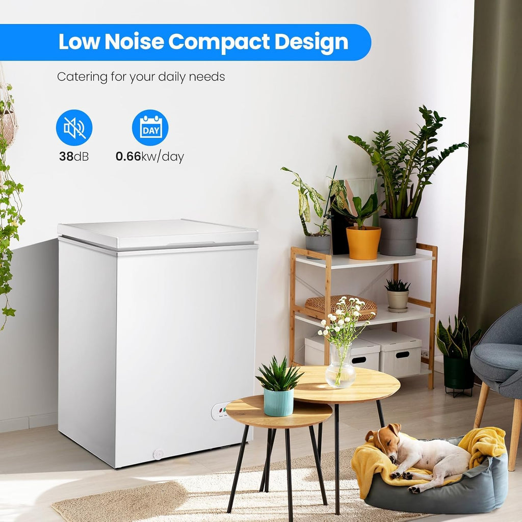 3.5 Cubic Feet Chest Freezer with 2 Removable Baskets Free Standing Top Open Door Compact Freezer with Adjustable Temperature for Home/Kitchen/Office/Bar (3.5 Cubic Feet, White)