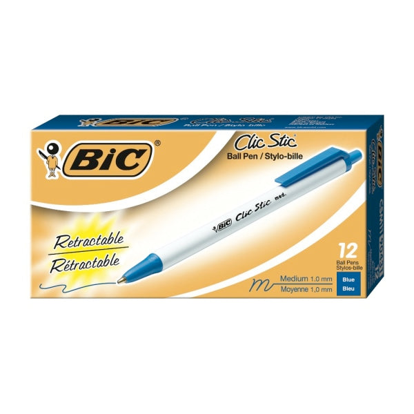 2 Unit BIC Clic Stic Retractable Pens, Medium Point, 1.0 mm, White Barrel, Blue Ink