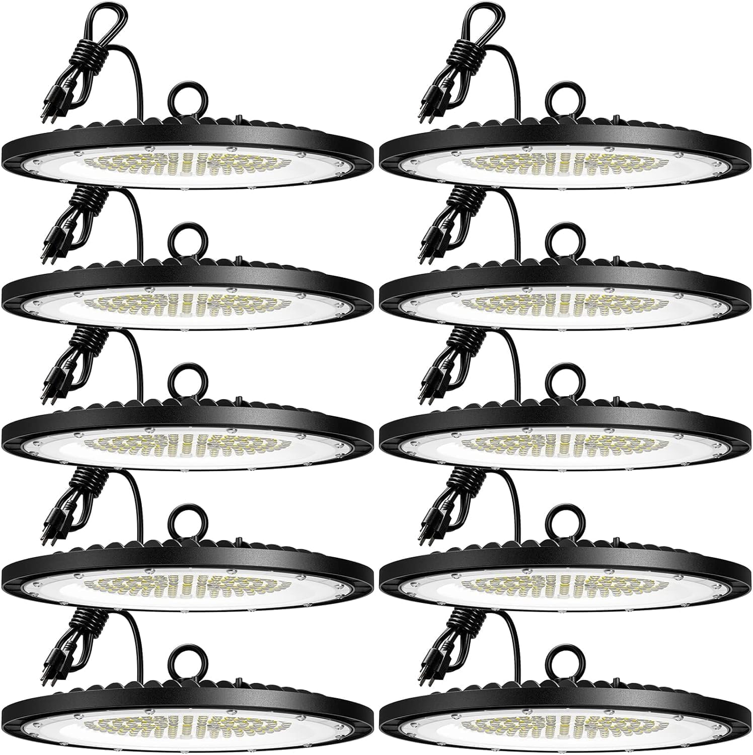 200-watt, 10 sets of UFO lamps, LED ceiling lights, 28,000 lumens, 5000K LED ceiling lights, 5-foot cable, can replace 650-watt metal halide/hot mercury lamps, suitable for gyms, factories, barns and warehouses.