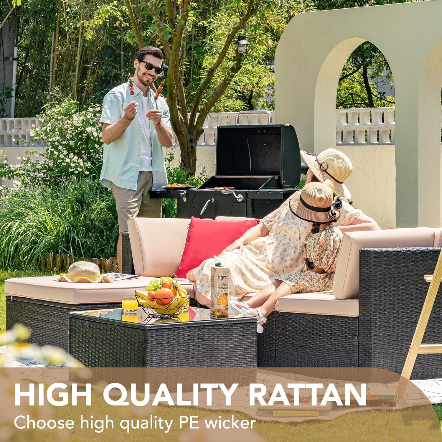 5 Pieces Patio Furniture Sets All Weather Outdoor Sectional Patio Sofa Manual Weaving Wicker Rattan Patio Seating Sofas with Cushion and Glass Table(Beige)