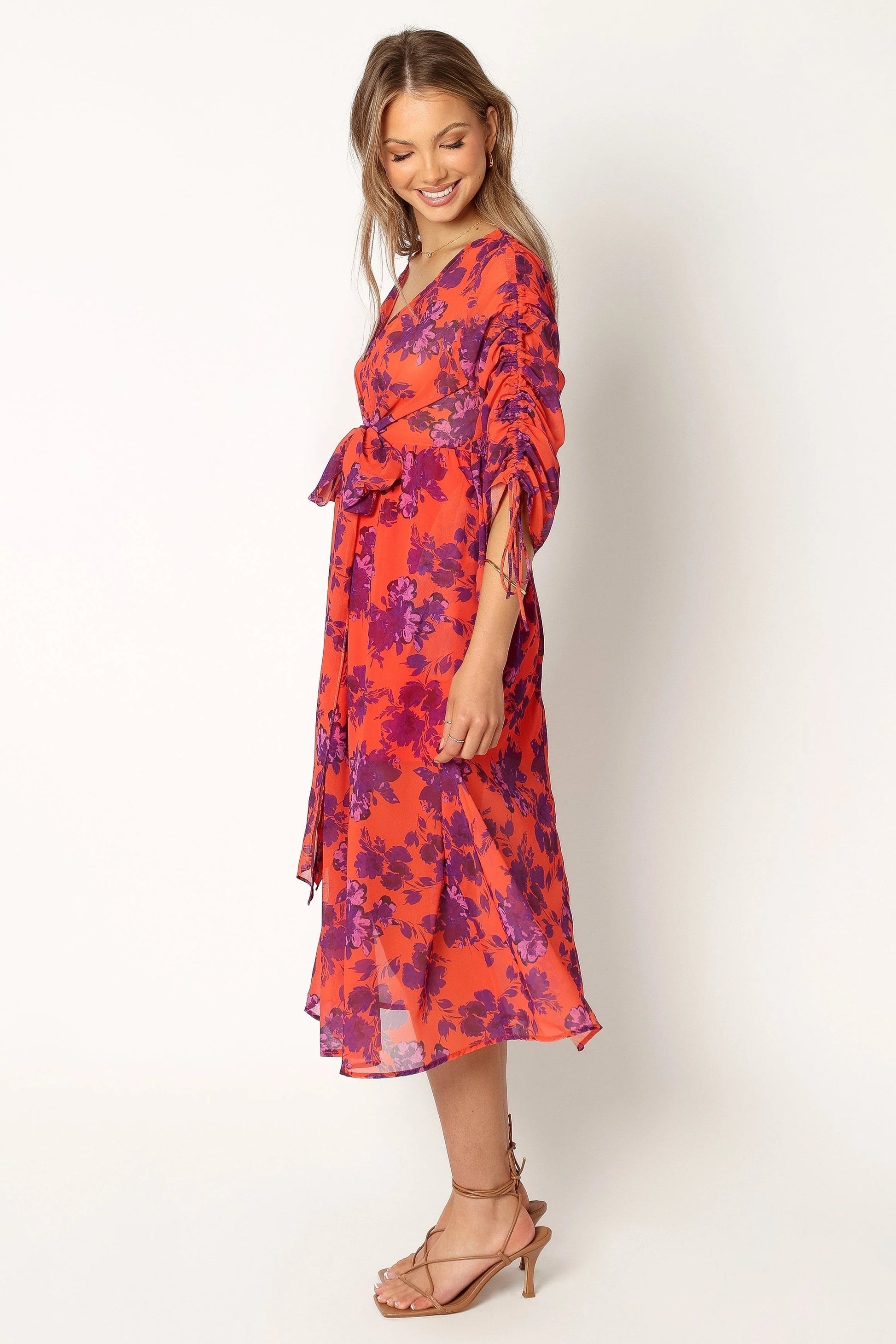 Gathered-Sleeve Midi Dress