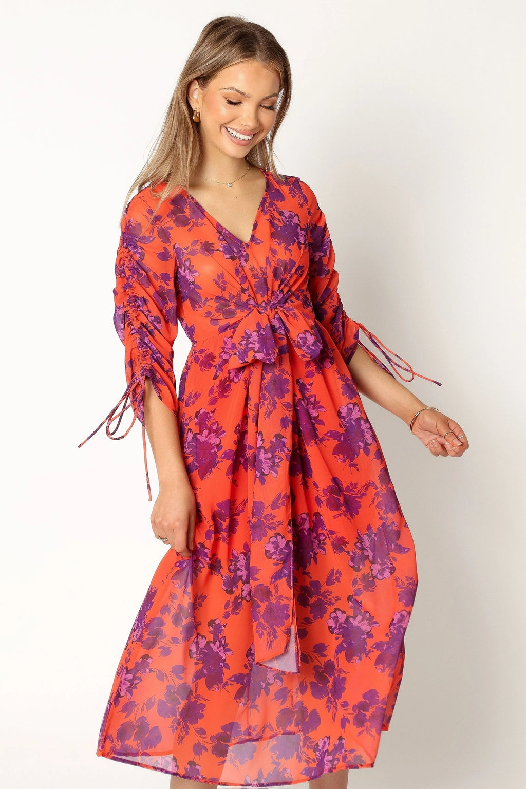 Gathered-Sleeve Midi Dress
