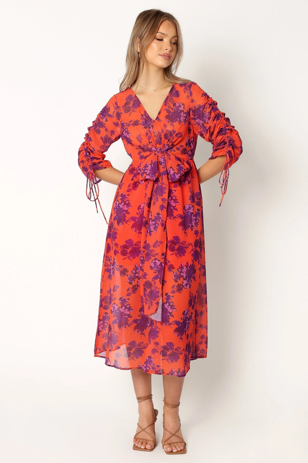 Gathered-Sleeve Midi Dress