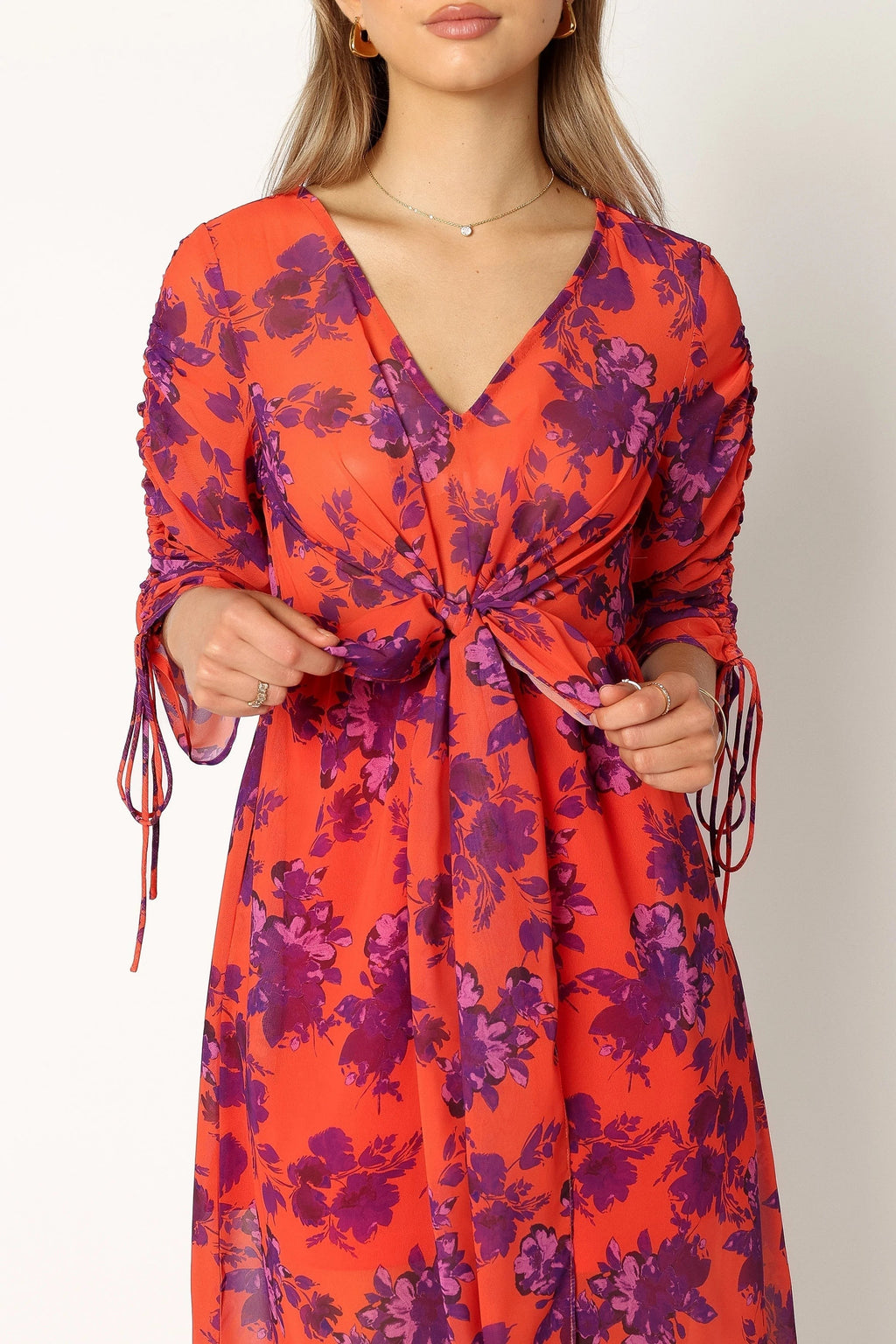 Gathered-Sleeve Midi Dress