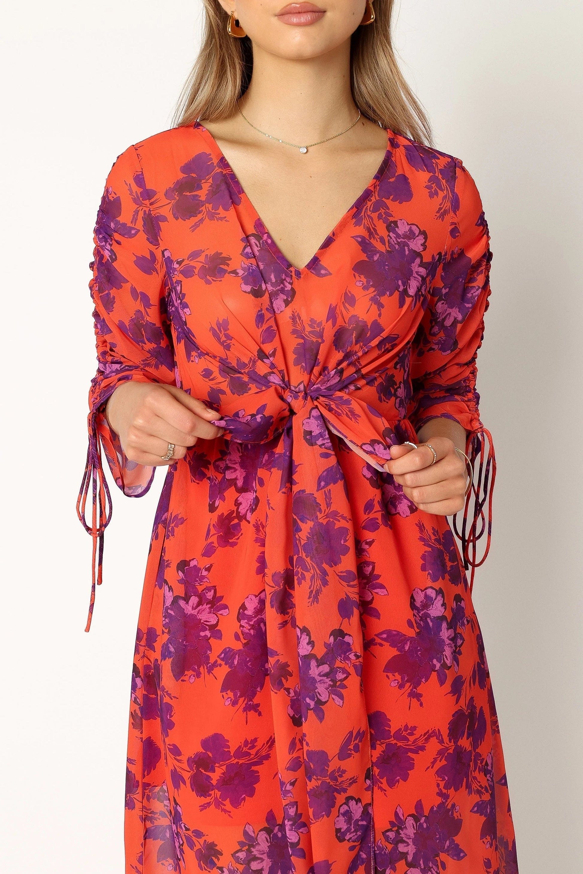 Gathered-Sleeve Midi Dress