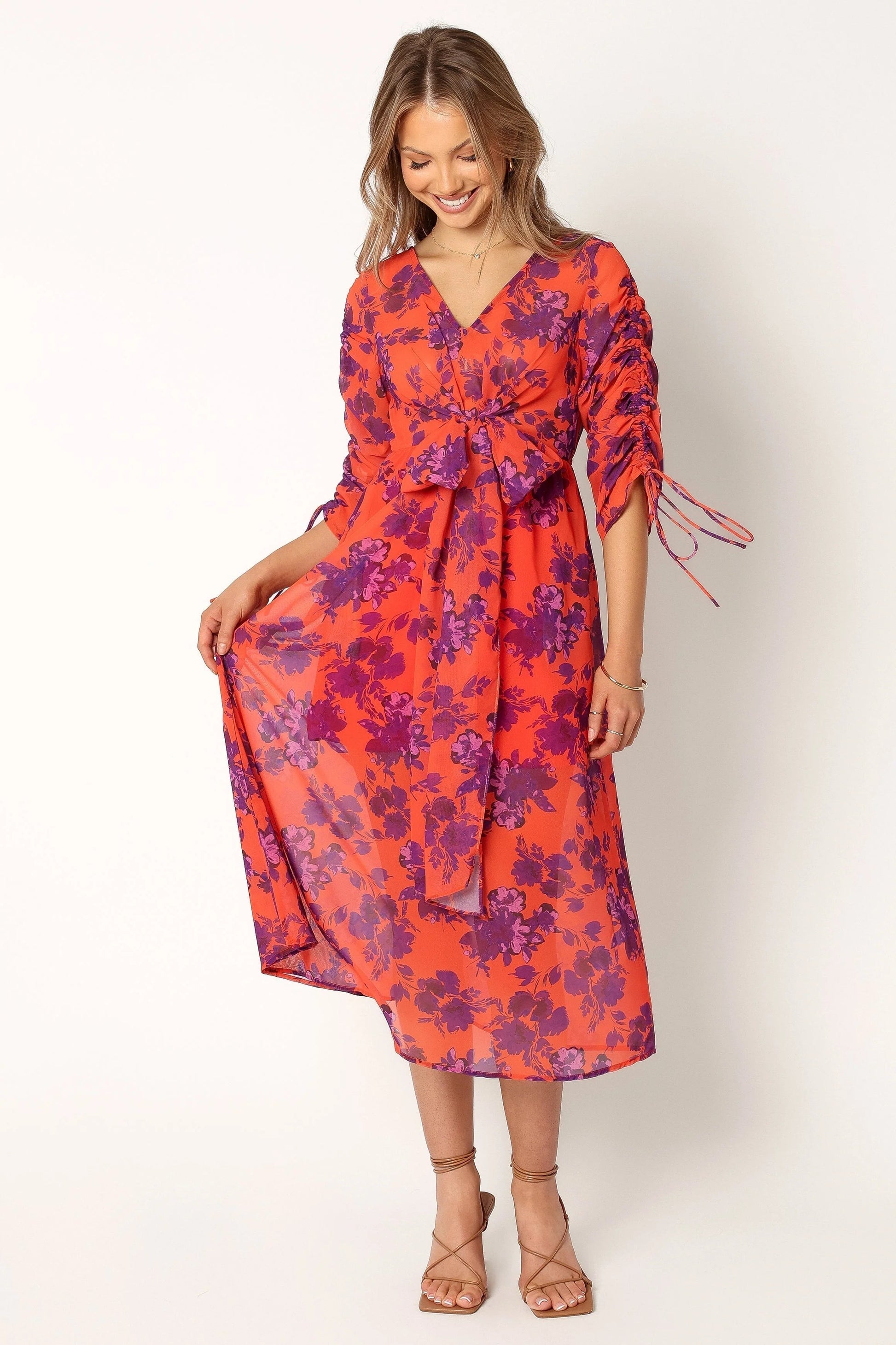 Gathered-Sleeve Midi Dress