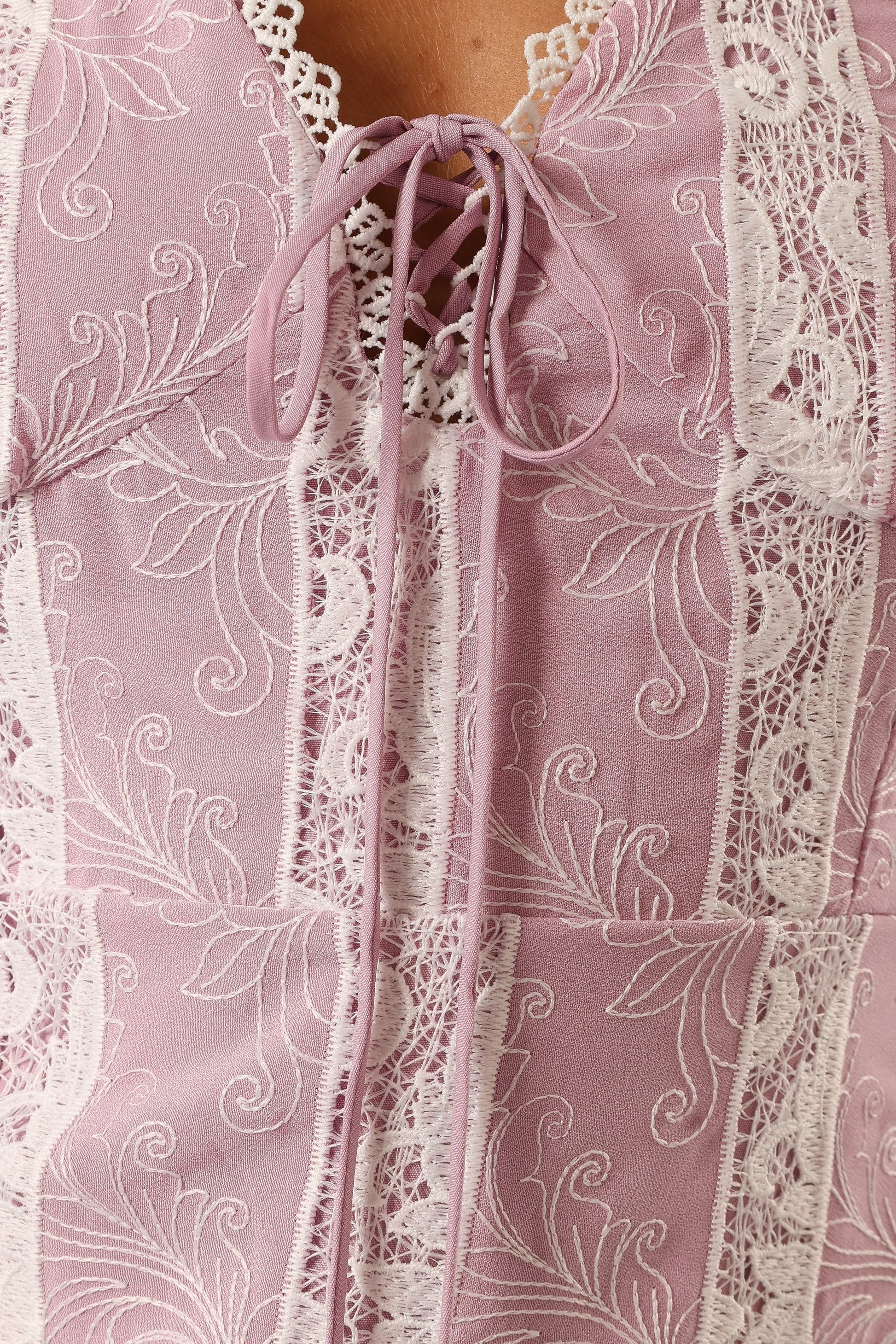 Lace-Up Embroidered V-Neck Midi Dress