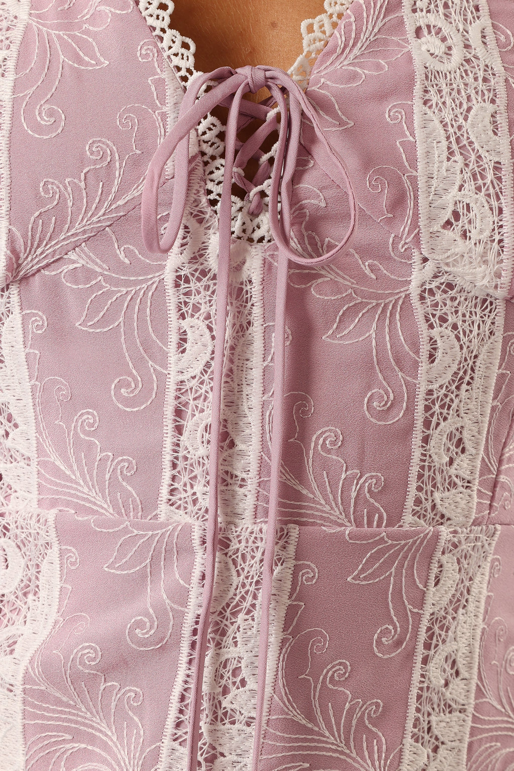 Lace-Up Embroidered V-Neck Midi Dress