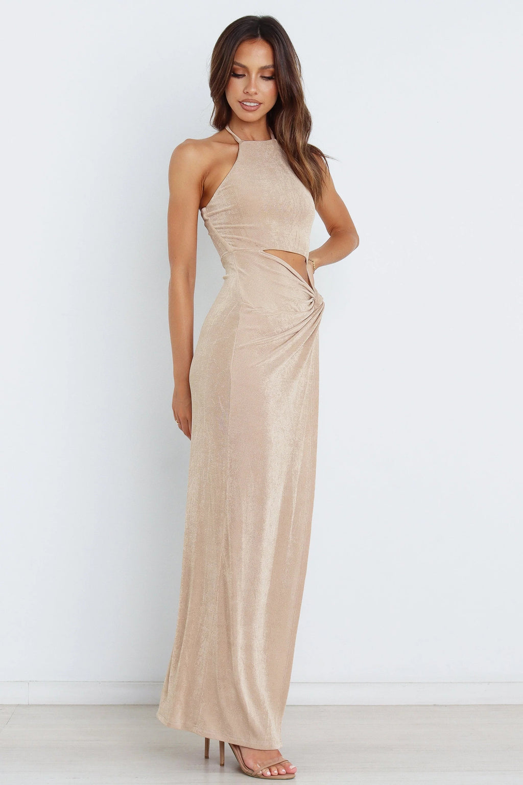 Shimmer Lurex Halter Cut-Out Maxi