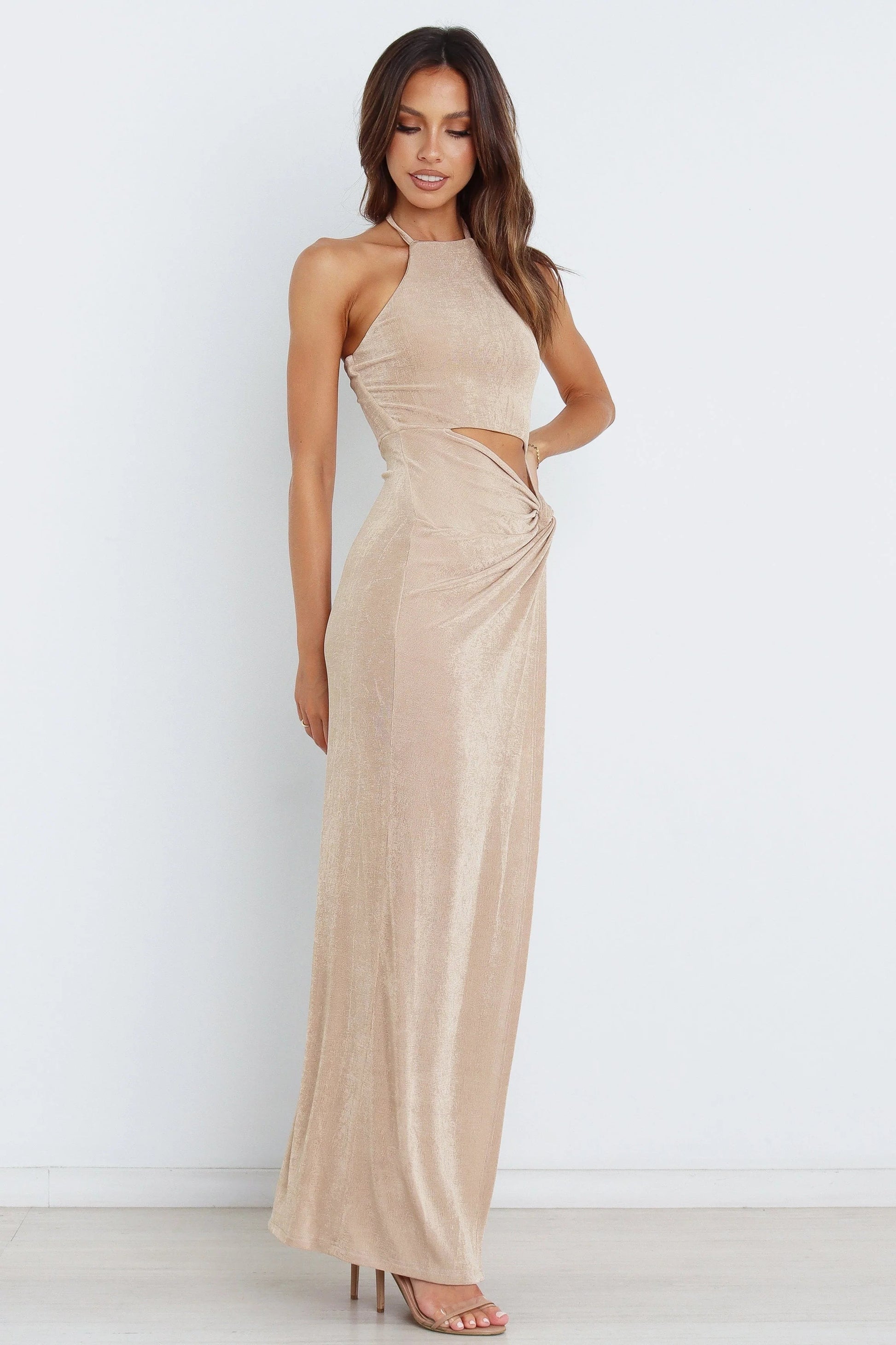 Shimmer Lurex Halter Cut-Out Maxi