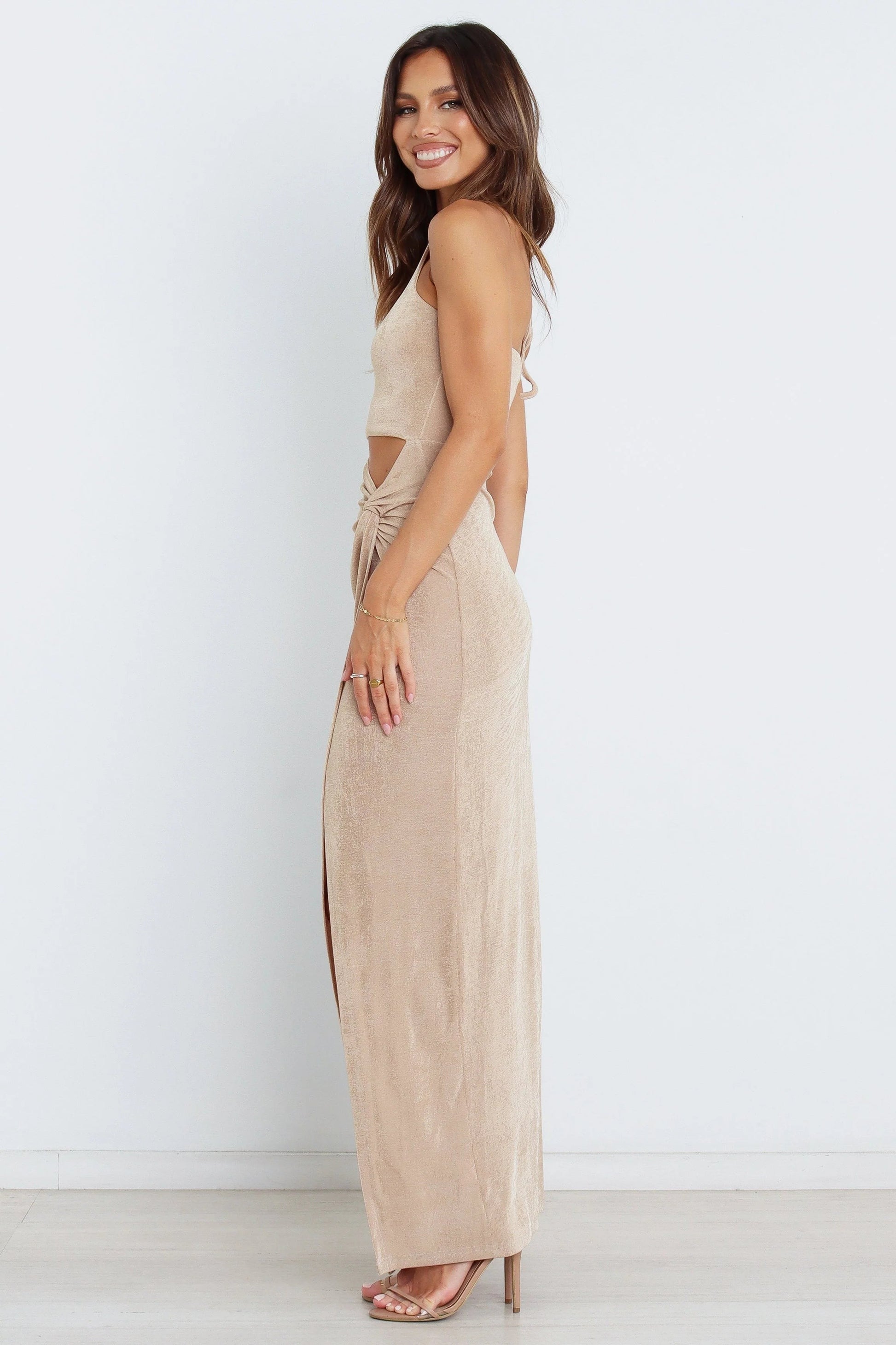 Shimmer Lurex Halter Cut-Out Maxi