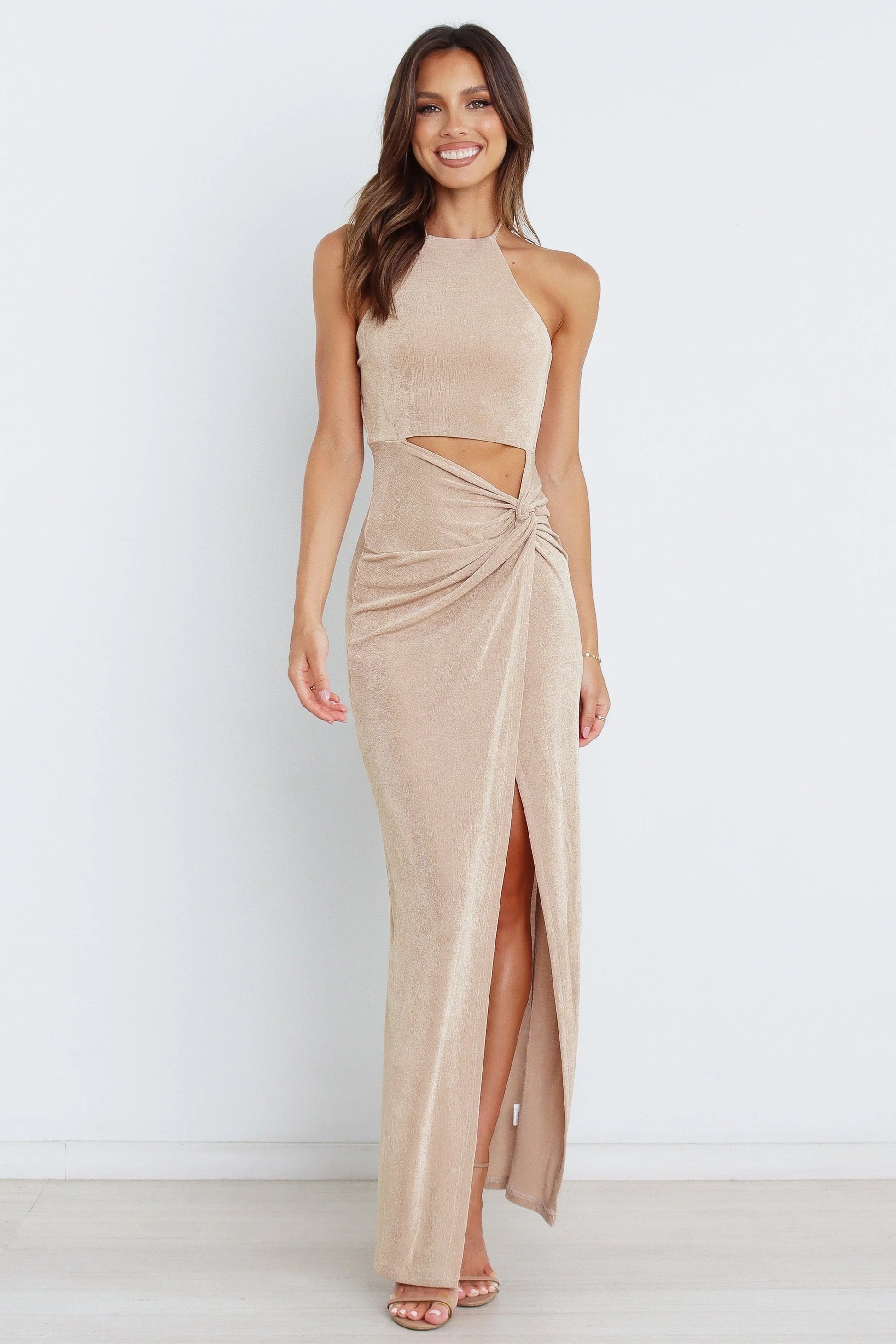 Shimmer Lurex Halter Cut-Out Maxi