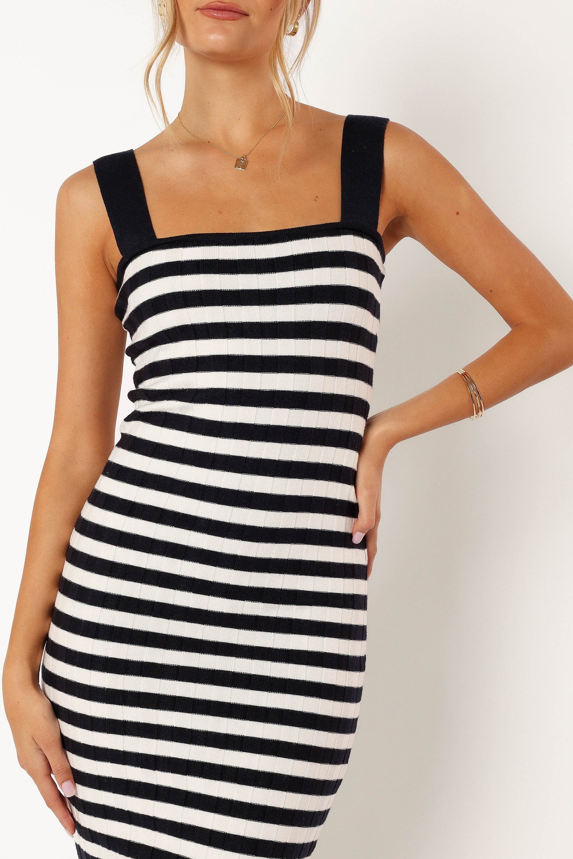 Stripe-Detail Square-Neck Midi Dress
