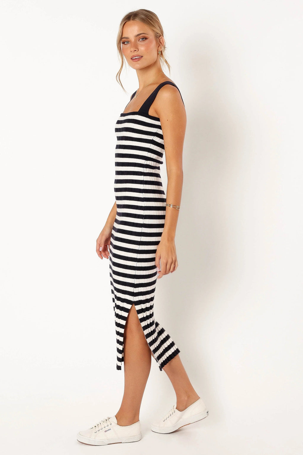 Stripe-Detail Square-Neck Midi Dress