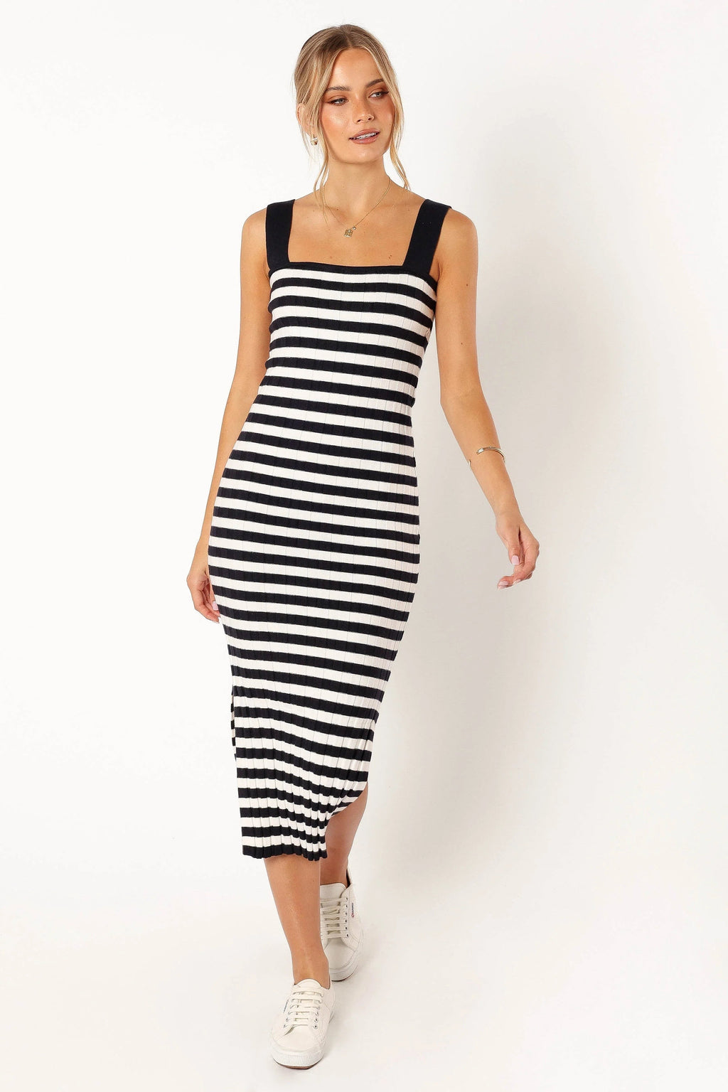 Stripe-Detail Square-Neck Midi Dress