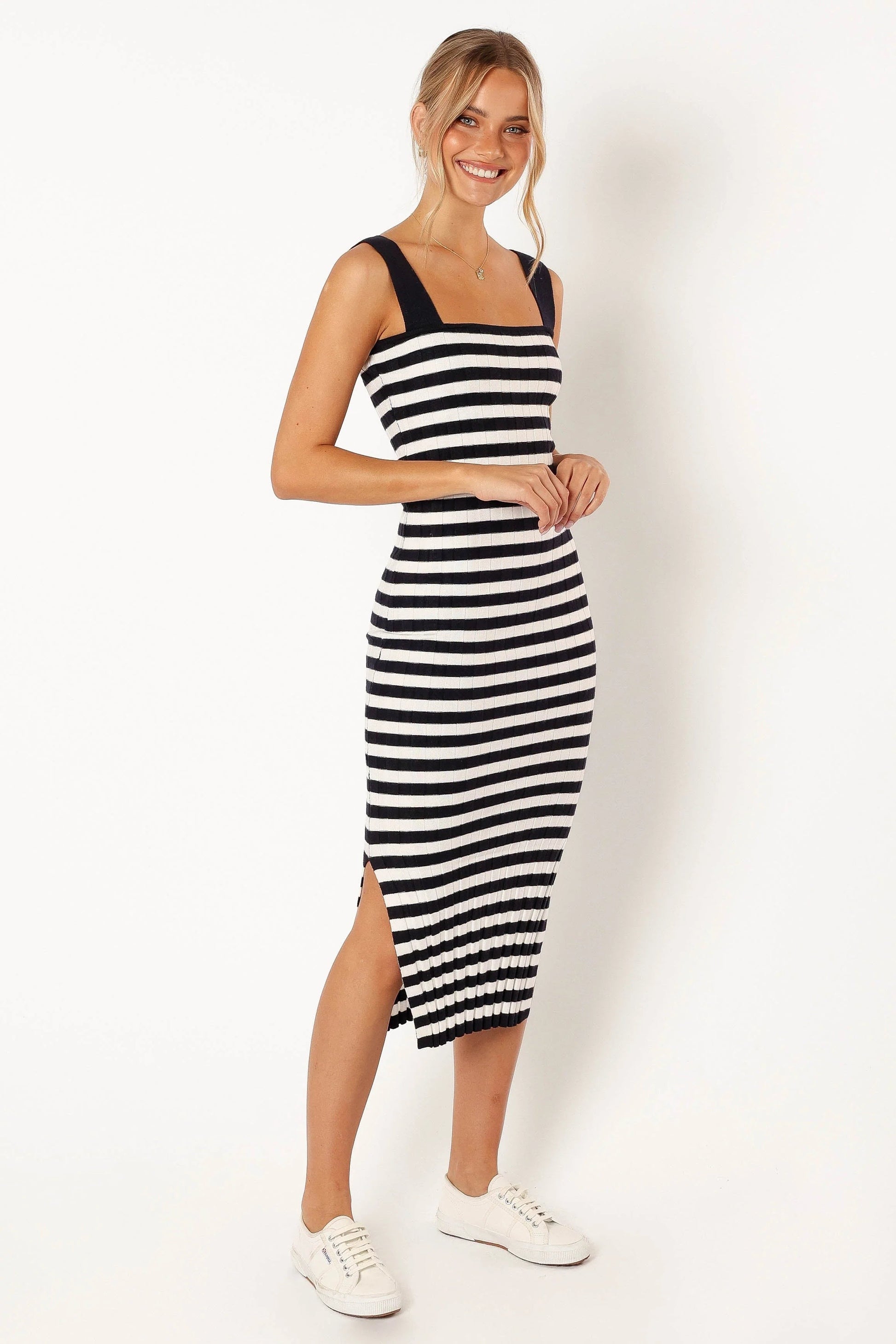 Stripe-Detail Square-Neck Midi Dress