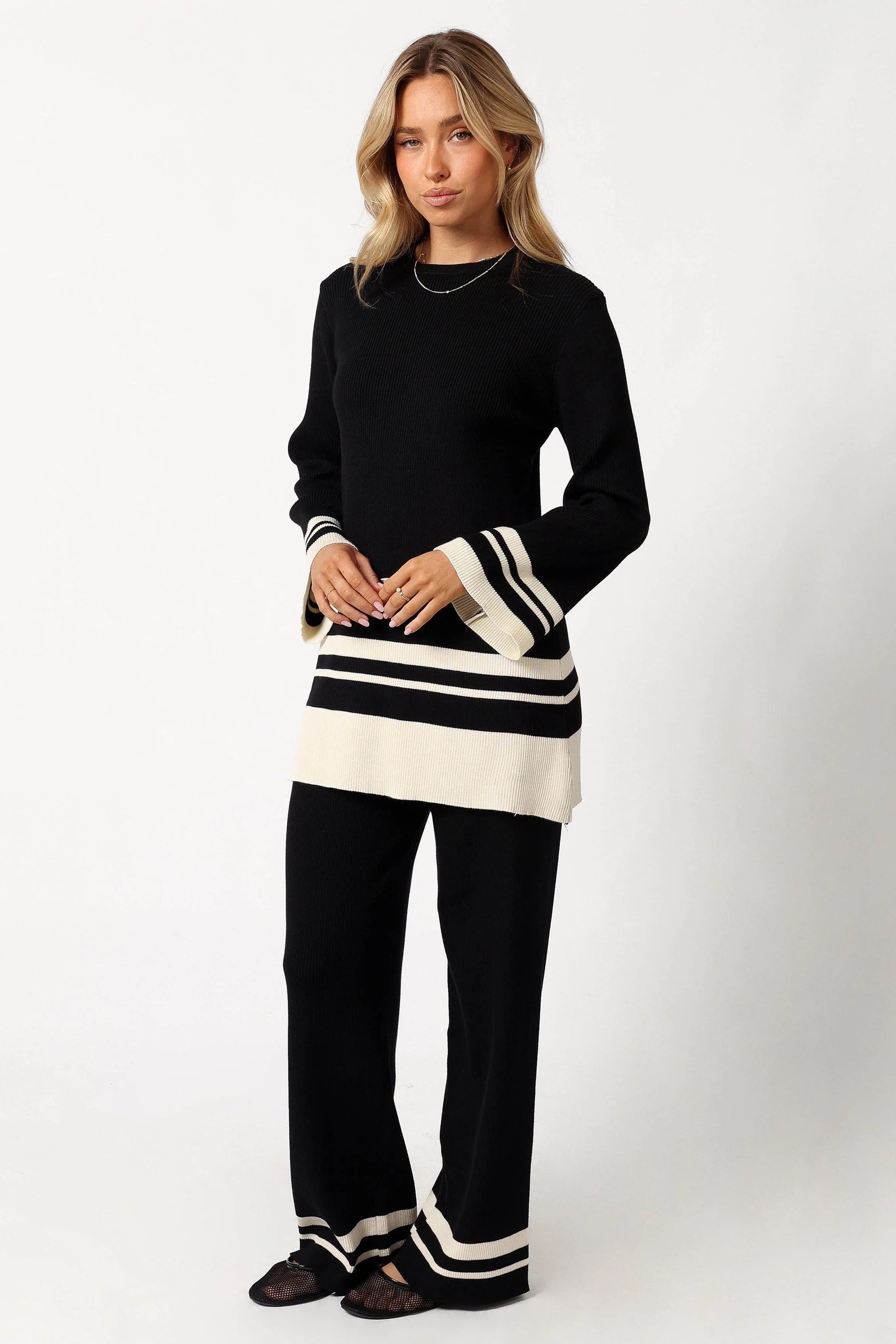 Striped Ribbed High-Waist Knit Pants