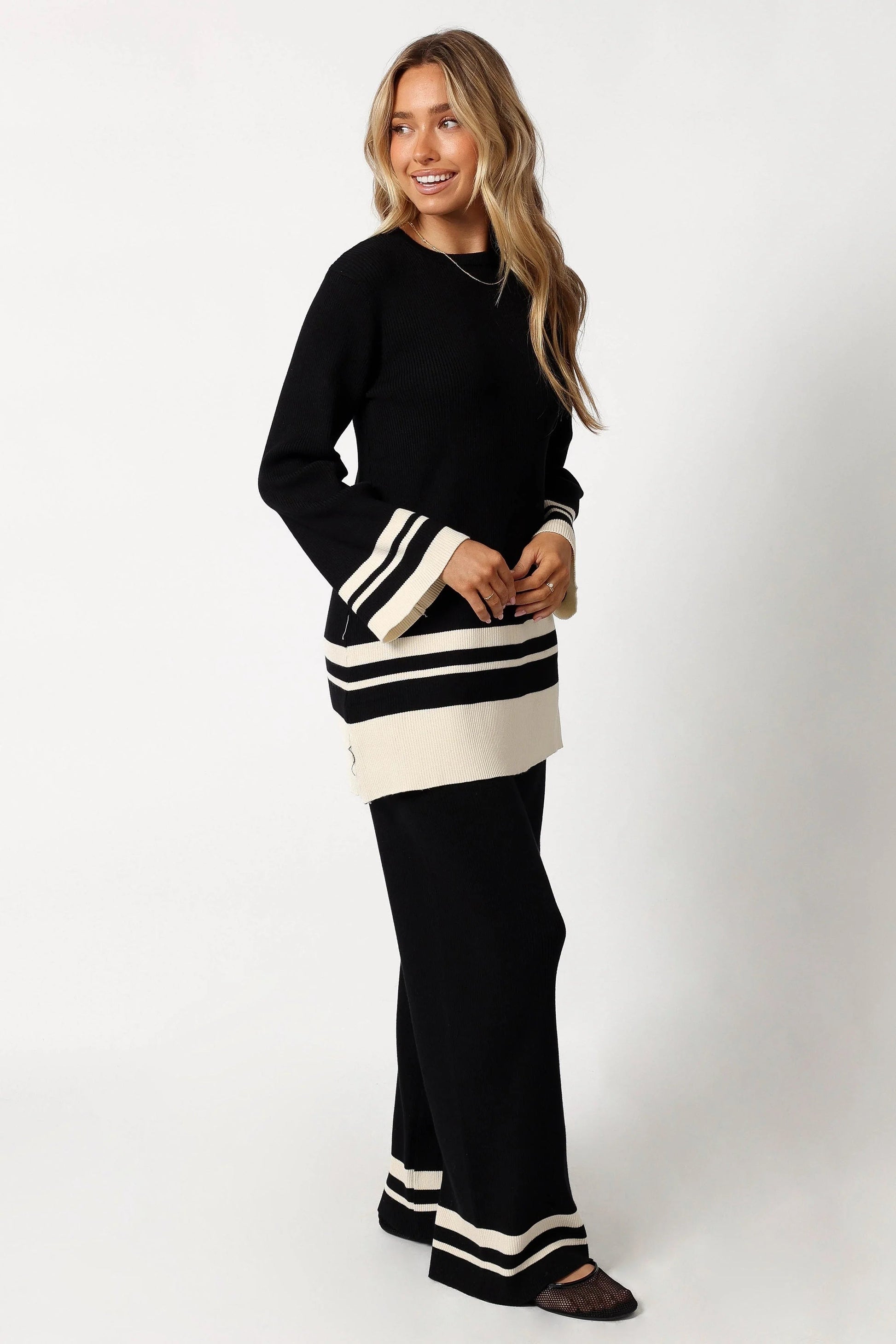 Striped Ribbed High-Waist Knit Pants