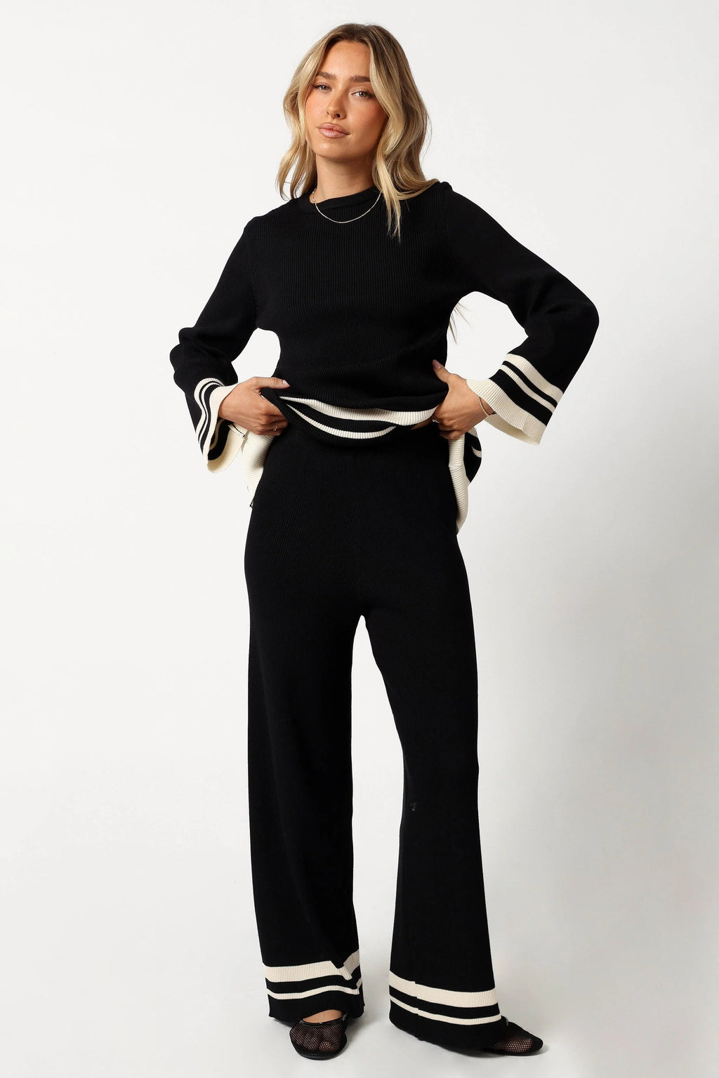 Striped Ribbed High-Waist Knit Pants