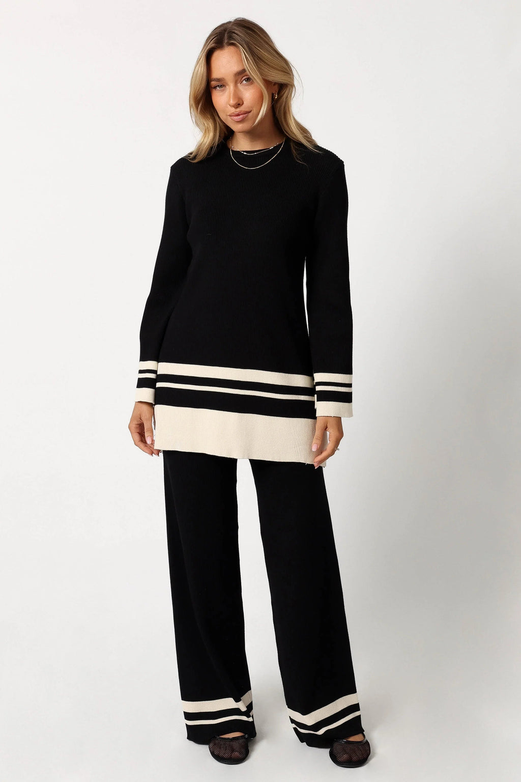 Striped Ribbed High-Waist Knit Pants