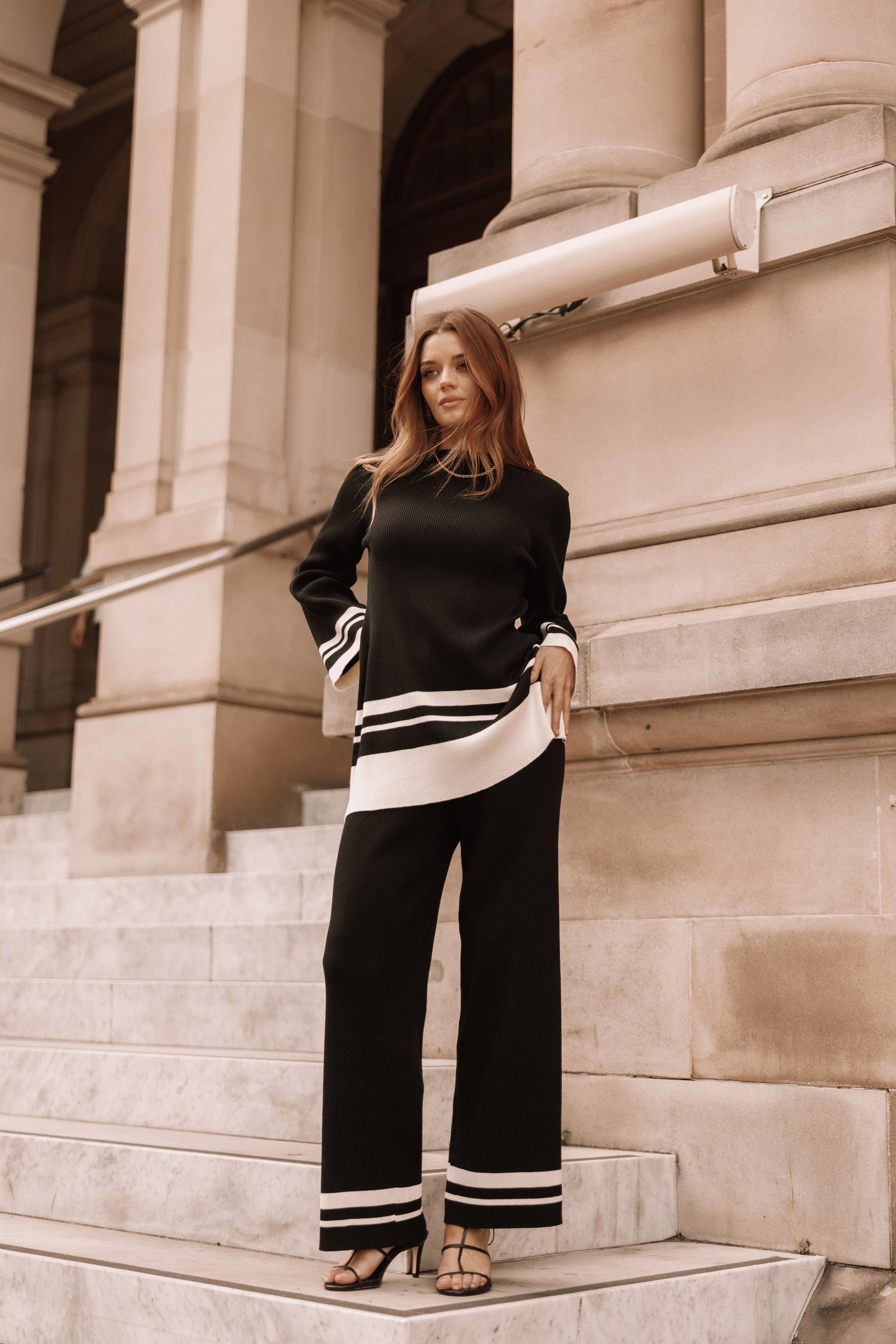 Striped Ribbed High-Waist Knit Pants