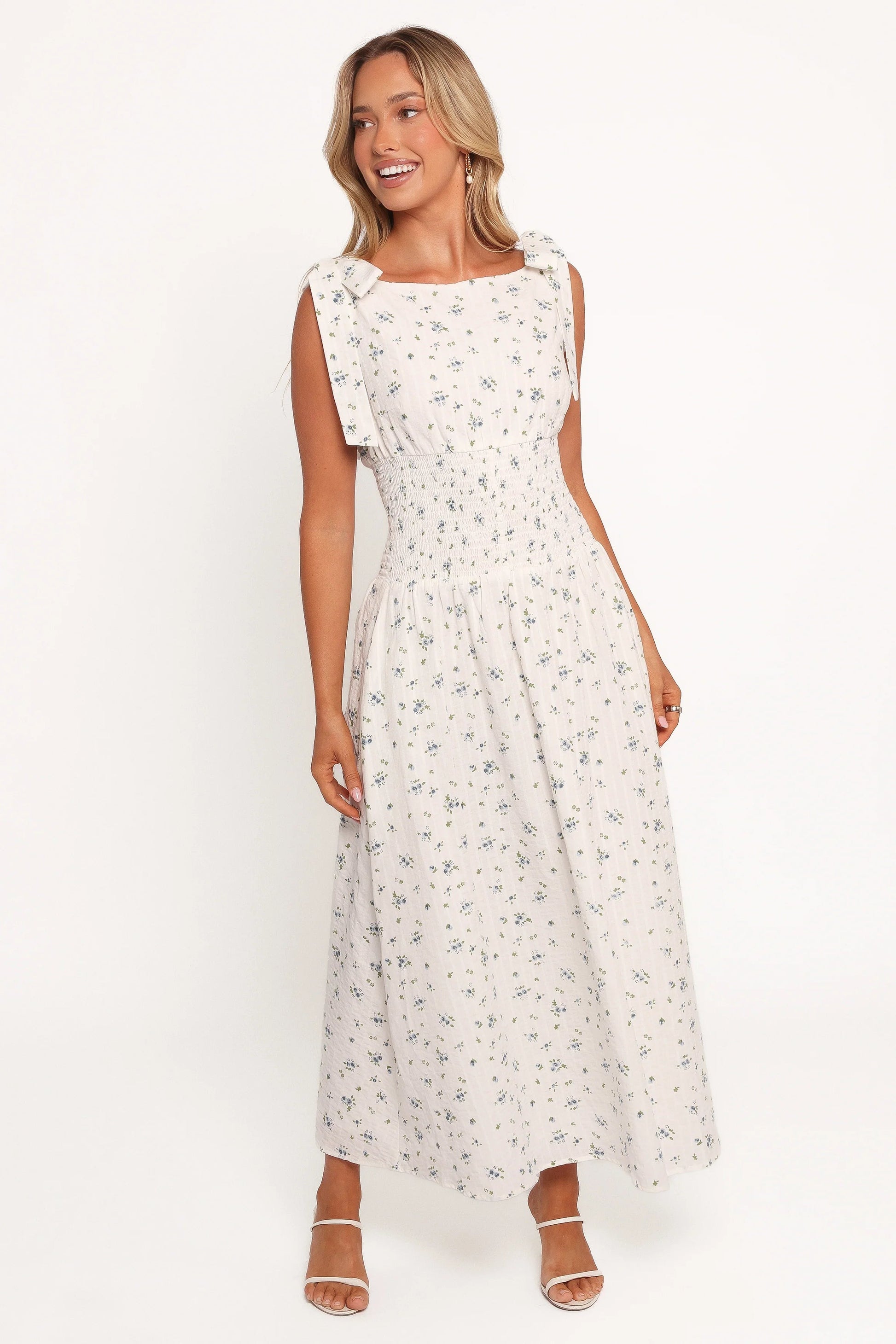 Tie-Strap Boat-Neck Floral A-Line Midi Dress